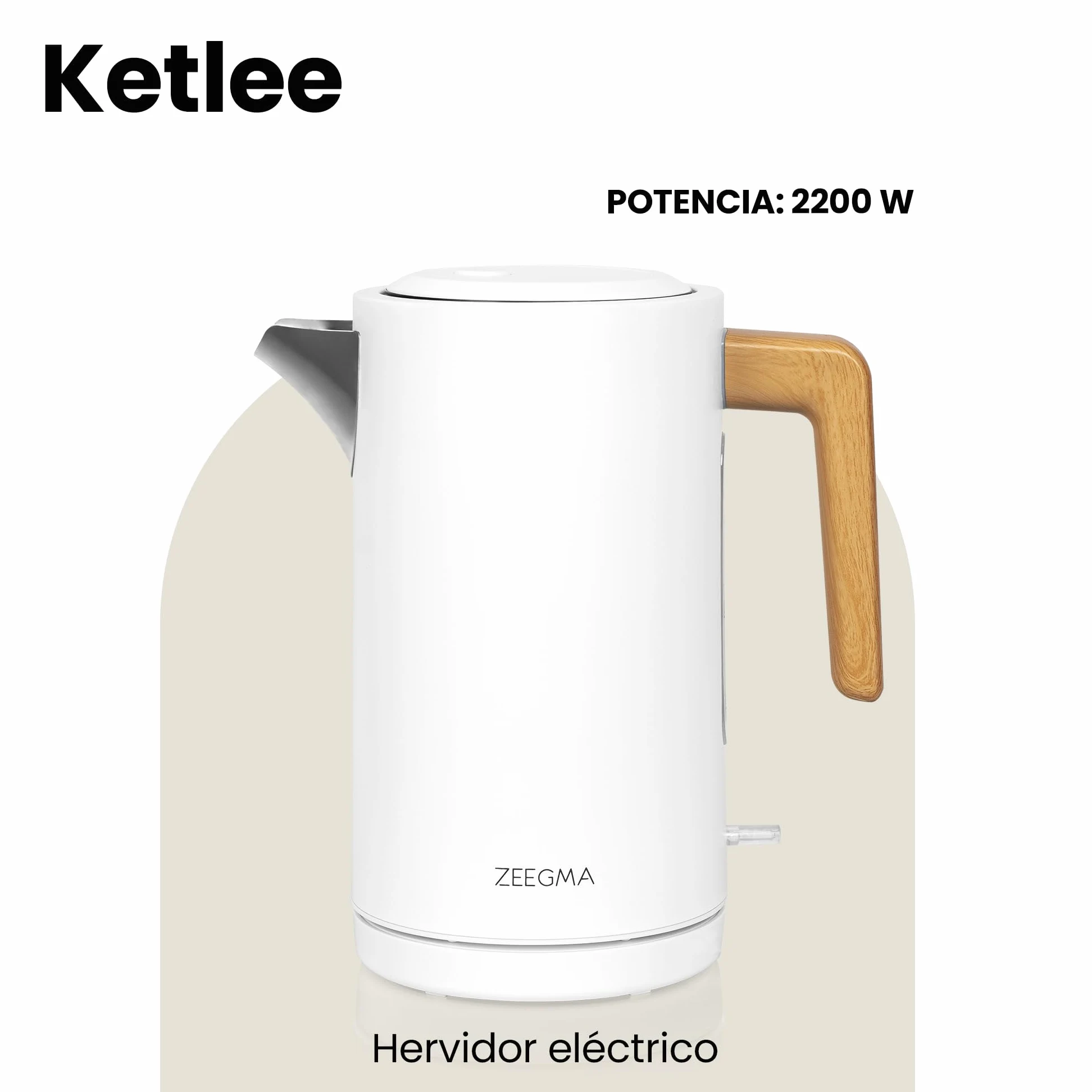 ZEEGMA KETLEE Hervidor de Agua Eléctrico Inalámbrico de 1,7 l para Té Café, Potencia de 2200 W, Indicador de Nivel de Agua, Apagado Automático, Acero Inoxidable Diseño Elegante Moderno