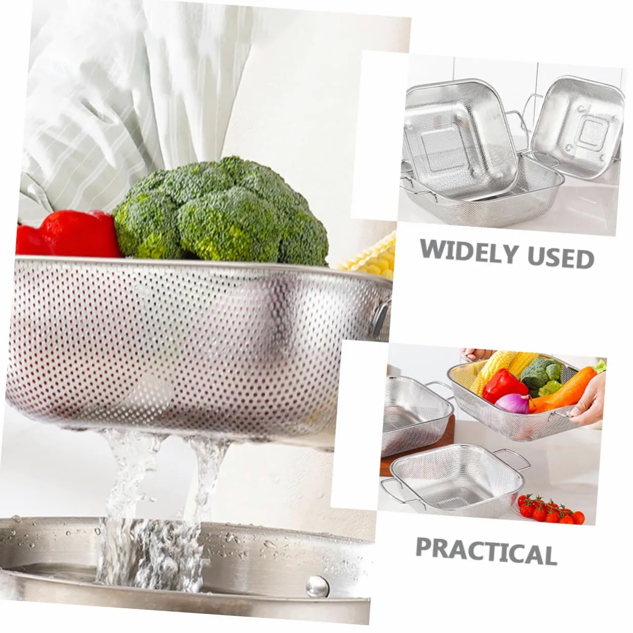 Colador de Acero Inoxidable con Asas Dobles, 1 Pieza, Plata | Gran Capacidad, Drenaje y Filtrado de Agua, Formato Cuadrado para Lavado de Frutas y Verduras