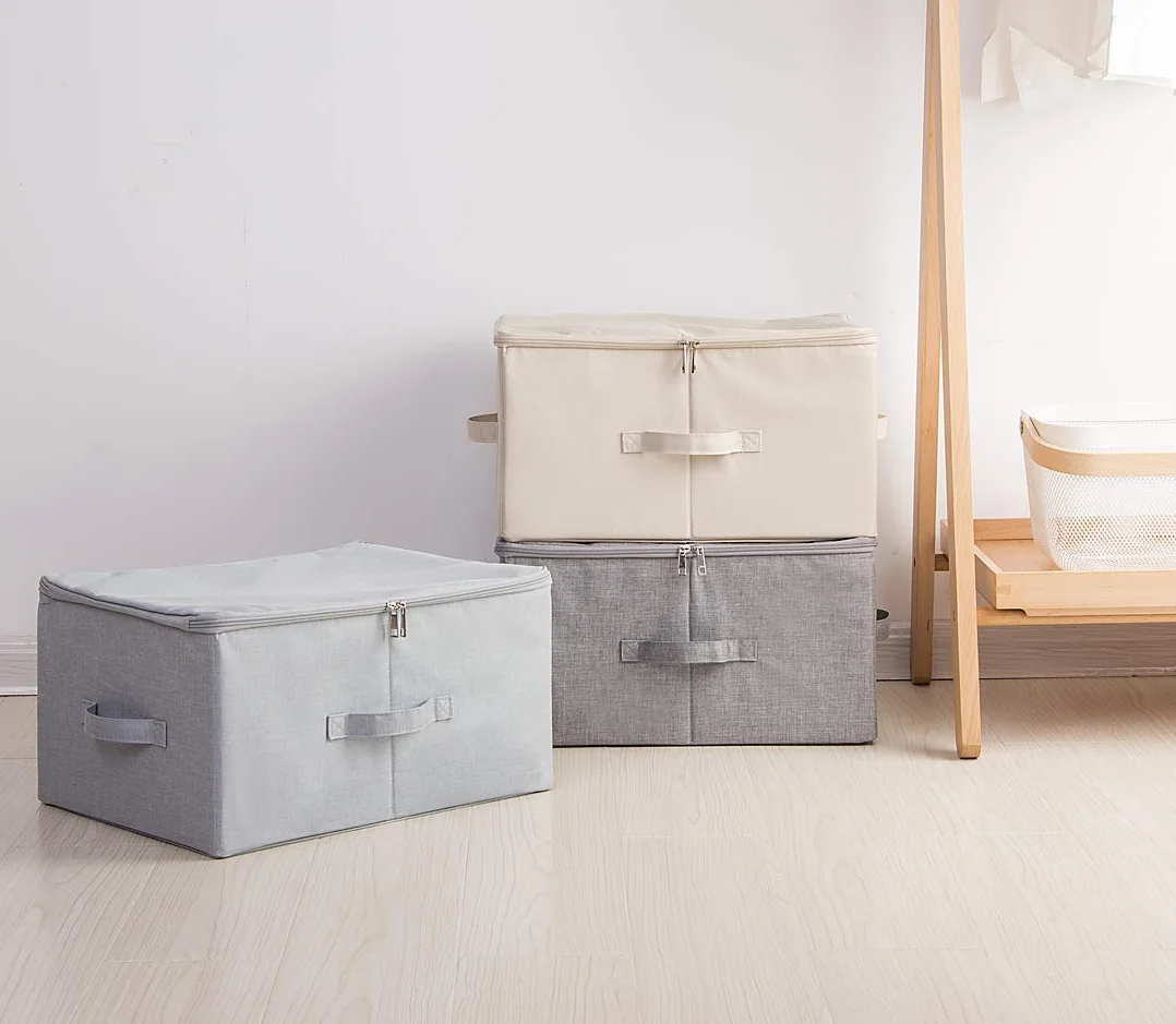 iwill CREATE PRO Contenedores de almacenamiento de lino plegables Jumbo, Tide Up Your Closet, conveniente compartimiento de almacenamiento con tapa, Beige, paquete de 2