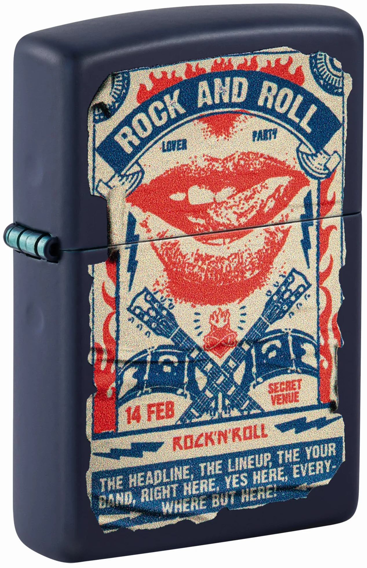Zippo Encendedor a Prueba de Viento - Rock & Roll Poster - Acabado Azul Marino Mate, Color Image - Recargable - Reutilizable - Diseño a Prueba de Viento - Caja de Regalo - Hecho en EEUU