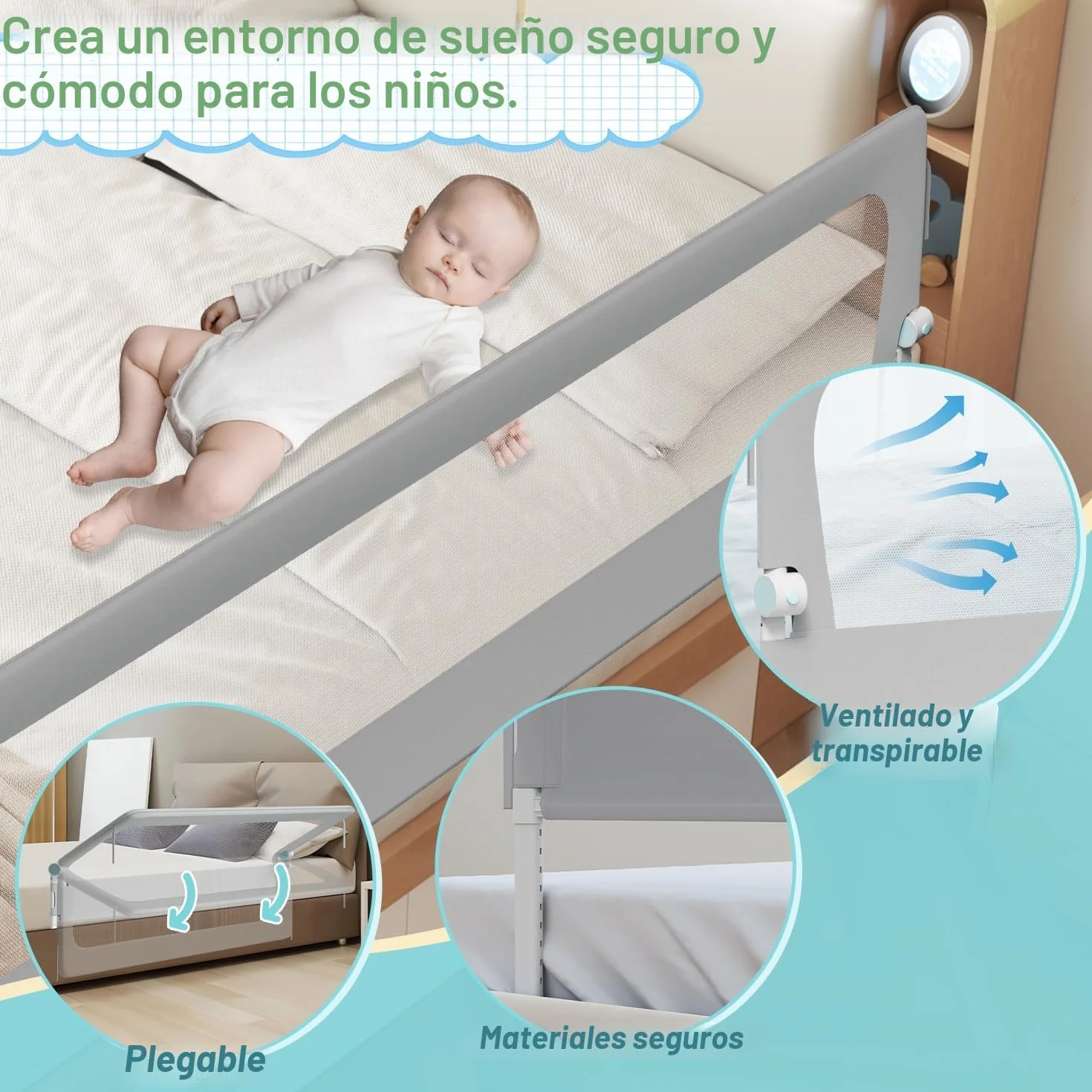 Barrera para cama de 180 cm, protección contra caídas, plegable 180 grados, altura ajustable 72-86 cm, rejilla para cuna con patas trapezoidales y correas de fijación, gris