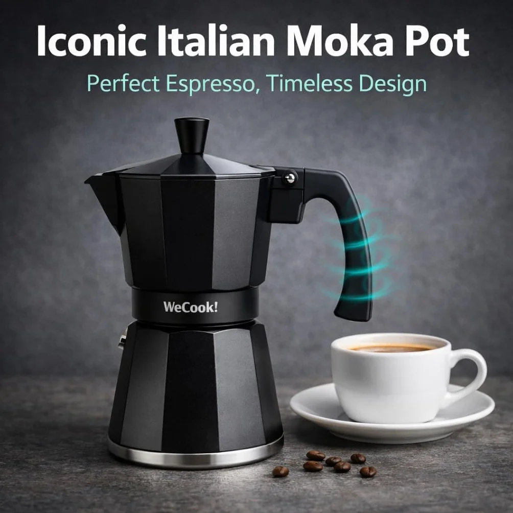 WECOOK! Luccia Cafetera Italiana, Inducción, Aluminio, Express, 1 - 3 Tazas Café, Apta para todas las Cocinas, Color Negro, Junta de Cierre de Silicona, Válvula de Seguridad.