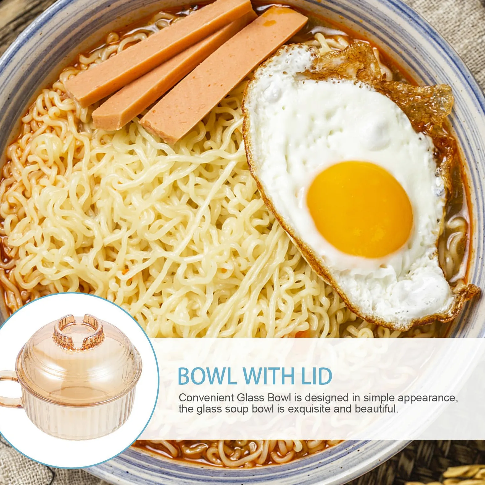 Housoutil Tazón de Vidrio para Sopa con Tapa, Práctico y Resistente, Diseño Delicado para Uso en Casa y Restaurantes, Cuenco Multifunción para Ramen y Estofados