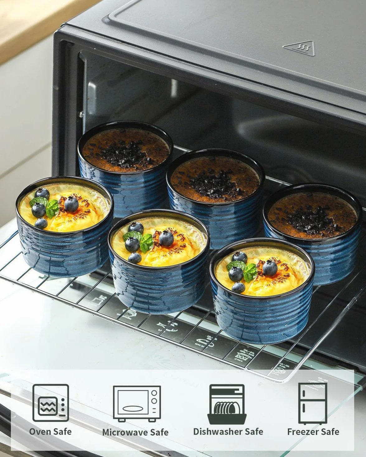 glowworm Ramequines de 8 onzas para soufflé de crema brulee, tazas de porcelana para hornear, cuencos de ramequines de estilo moderno aptos para horno, juego de 6, azul