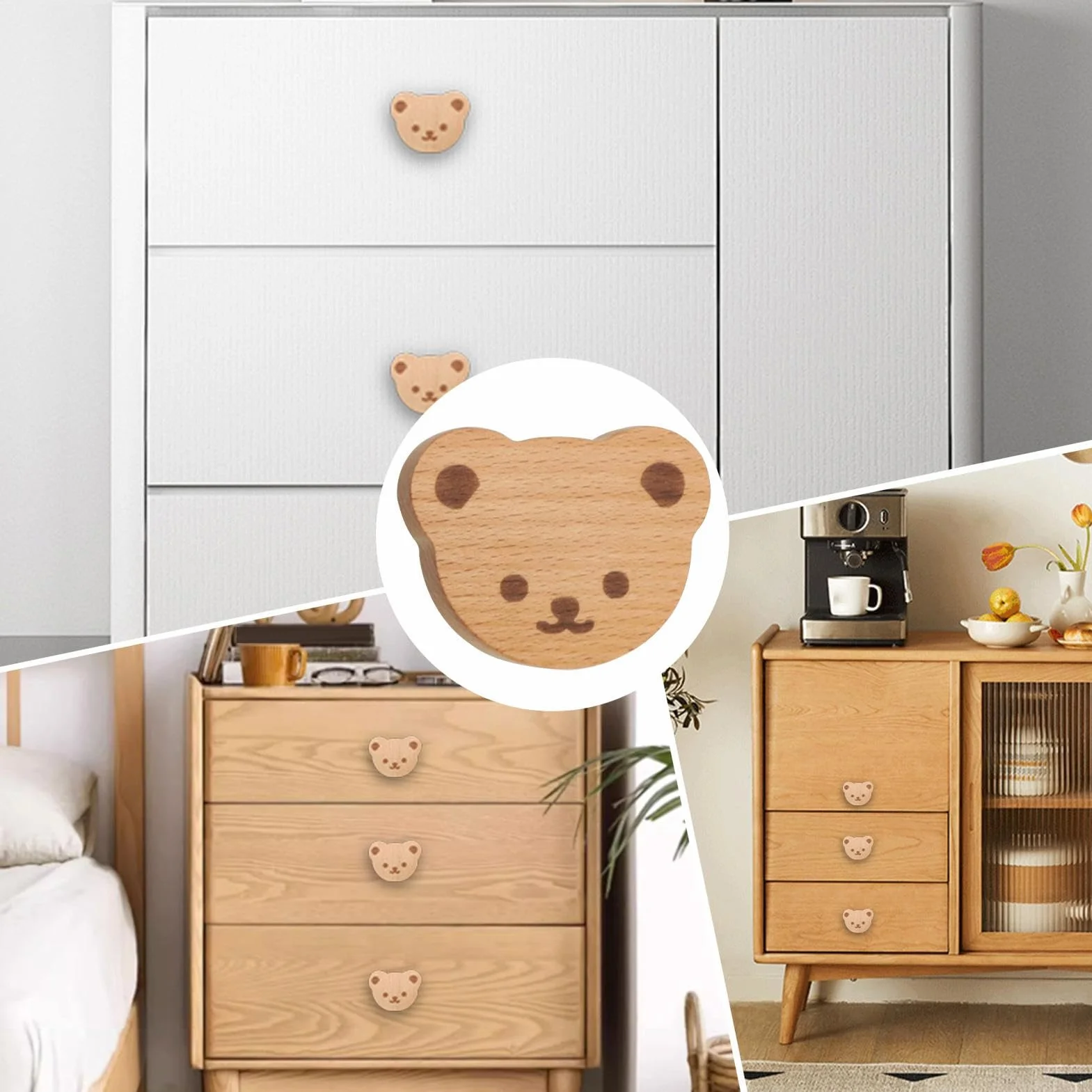 Generisch Tiradores de cajón con oso de dibujos animados, 10 unidades de botones de madera para armarios, tiradores de puertas de armario, tiradores de muebles con tornillos para tocador, baño