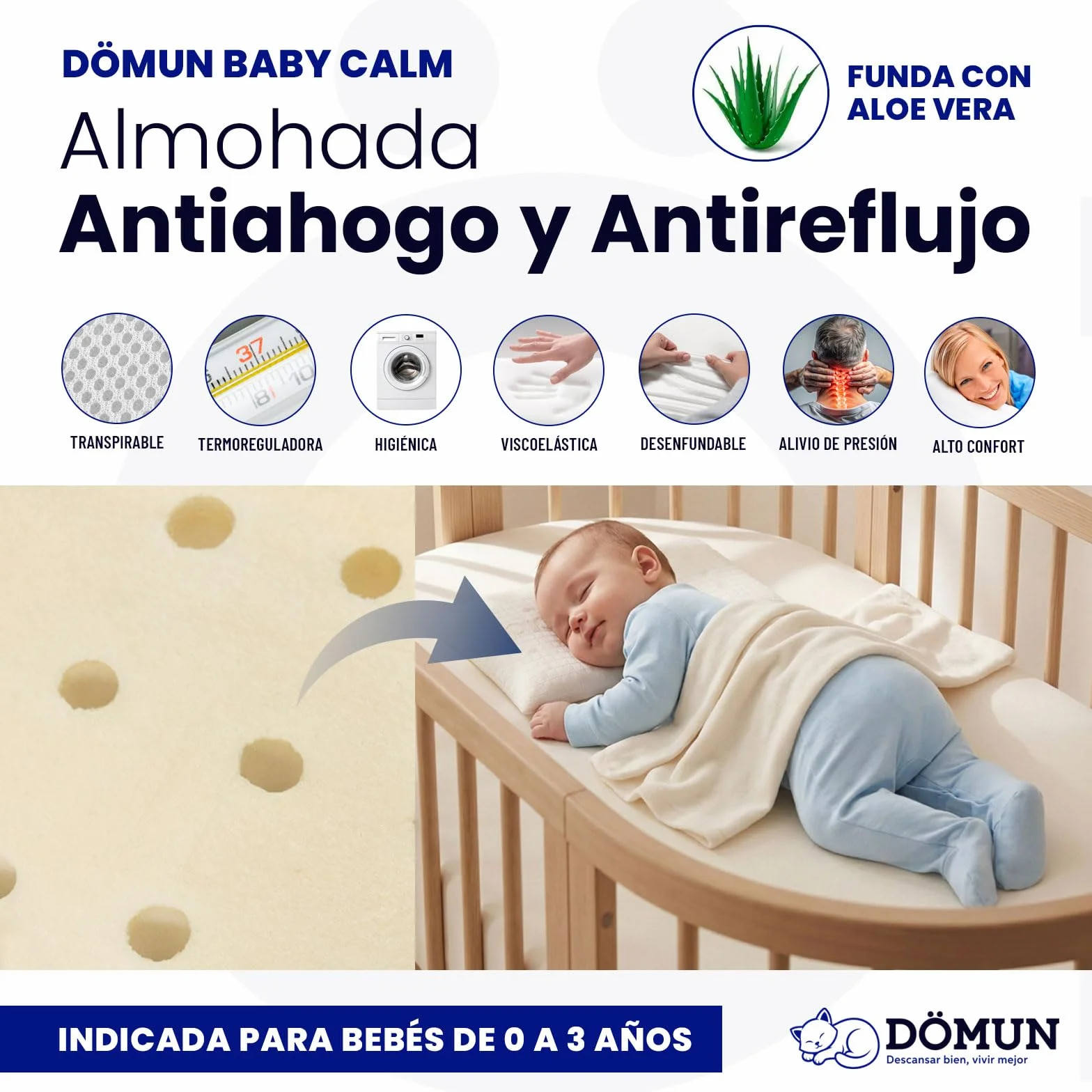 Almohada Viscoelastica Bebé DÖMUN Baby Calm, Cojin Plagiocefalia Antiahogo Antireflujo Transpirable 0-3 Años