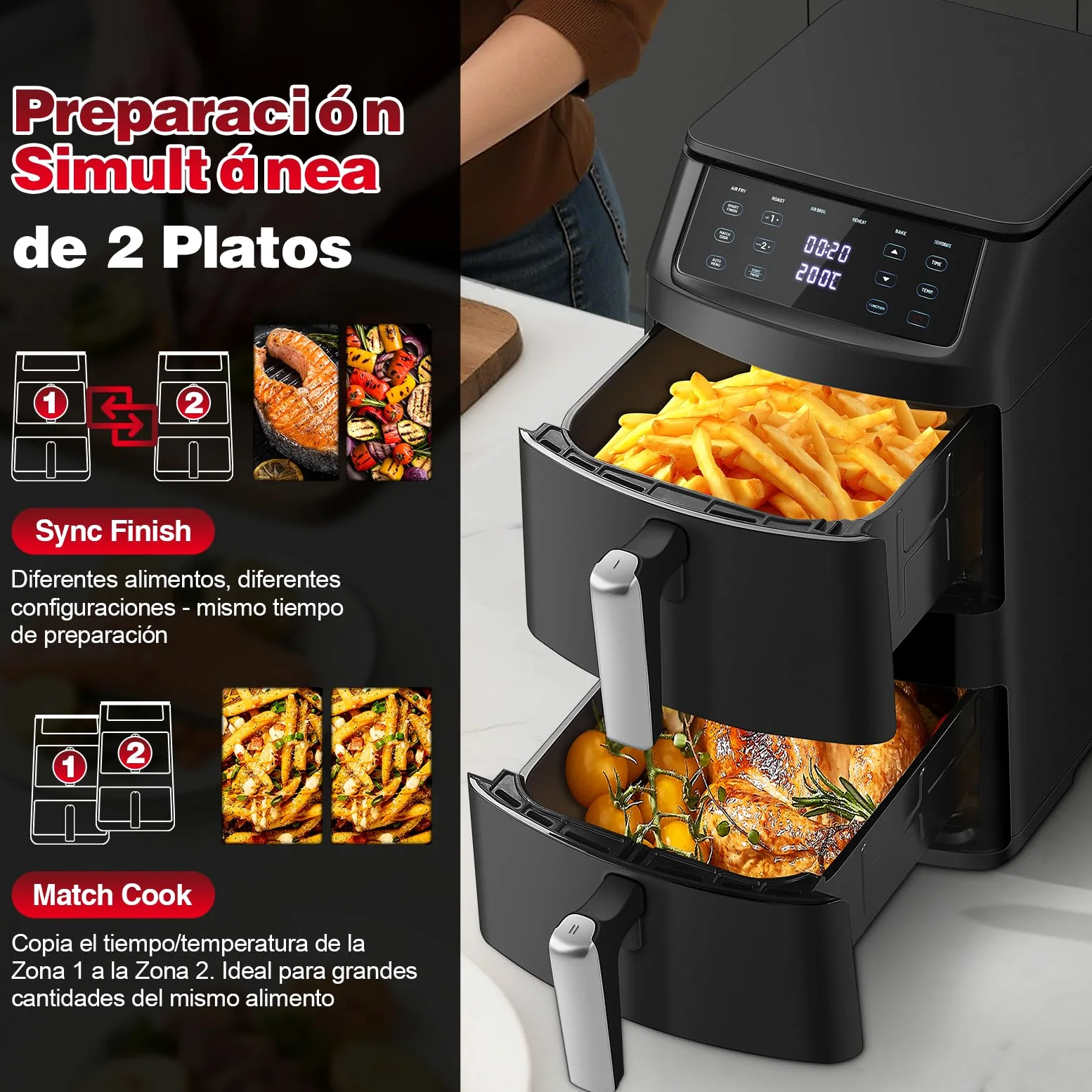 TopStrong Freidora de Aire XXL 11L, Air Fryer Doble Cesta Apilada, Freidora de Aire Doble Resistencia, 2500W, 6 Funciones, 8 Recetas, Lavavajillas, Ahorro Energético