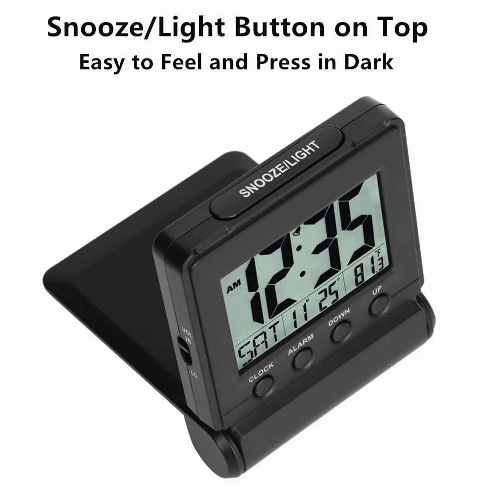 FAMICOZY Reloj despertador plegable con calendario, color negro