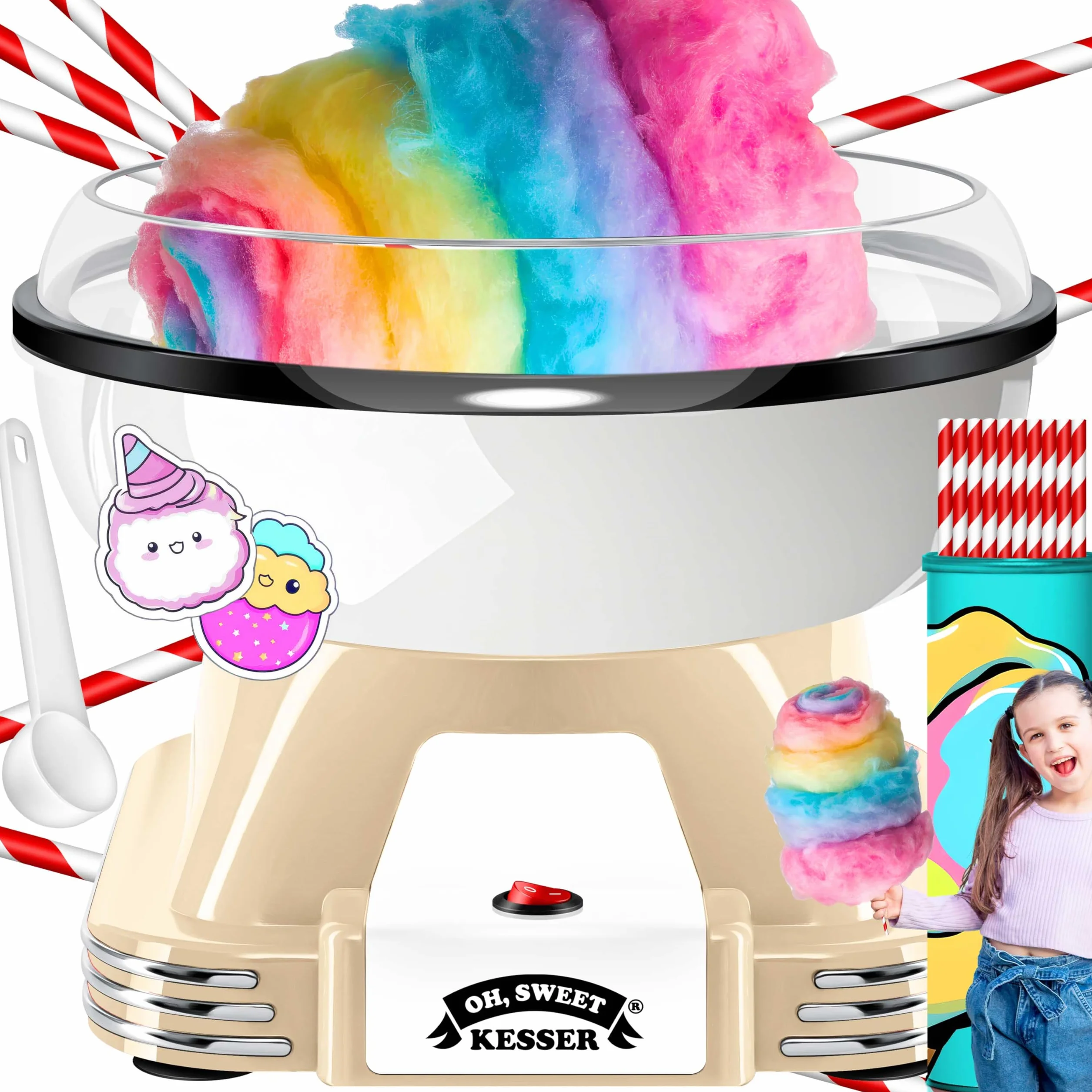 KESSER® Juego de máquina de algodón de azúcar para tu hogar – con 30 Varillas de algodón de azúcar y cucharas medidoras – Máquina de algodón Retro – Máquina de algodón de azúcar con Accesorios