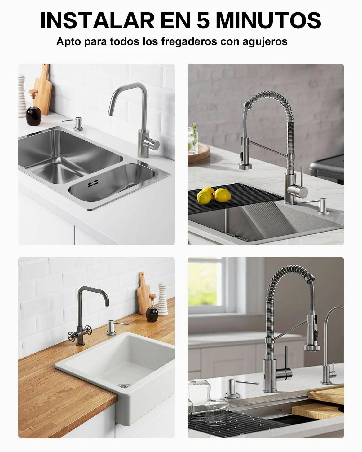 Dispensador Jabon Cocina Bajo Encimera, Dosificador para Fregadero | Dispensador de Detergente con Botella de 300ml y Manguera de 1,2 M, Dispensador Líquido Cobre, Tuerca Metal, Cepillado Plata