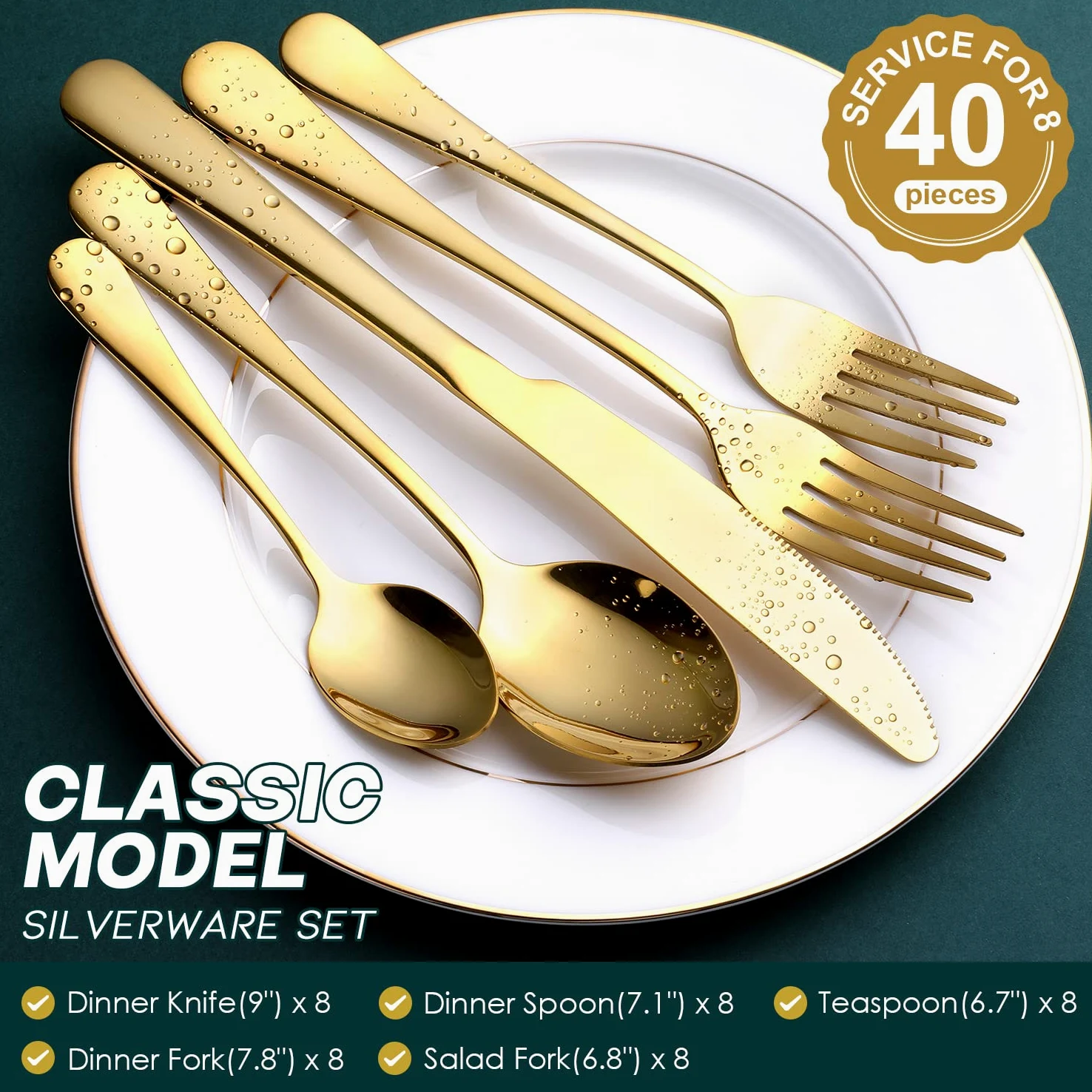 OGORI - Juego de cubiertos de acero inoxidable dorado de 40 piezas, juego de cubiertos con cuchara y tenedor, servicio para 8, fácil de limpiar, pulido con espejo