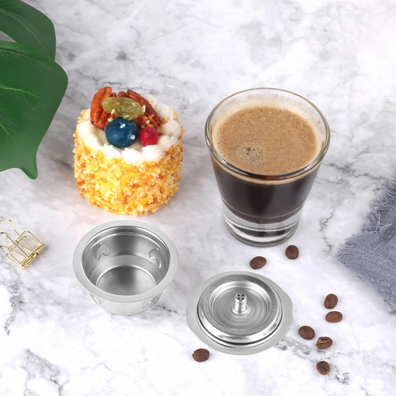 Juego de cápsulas de café reutilizables de acero inoxidable con cepillo de limpieza y cuchara, filtro de cápsulas recargable, uso doméstico sostenible (2 cápsulas + cuchara y cepillo)