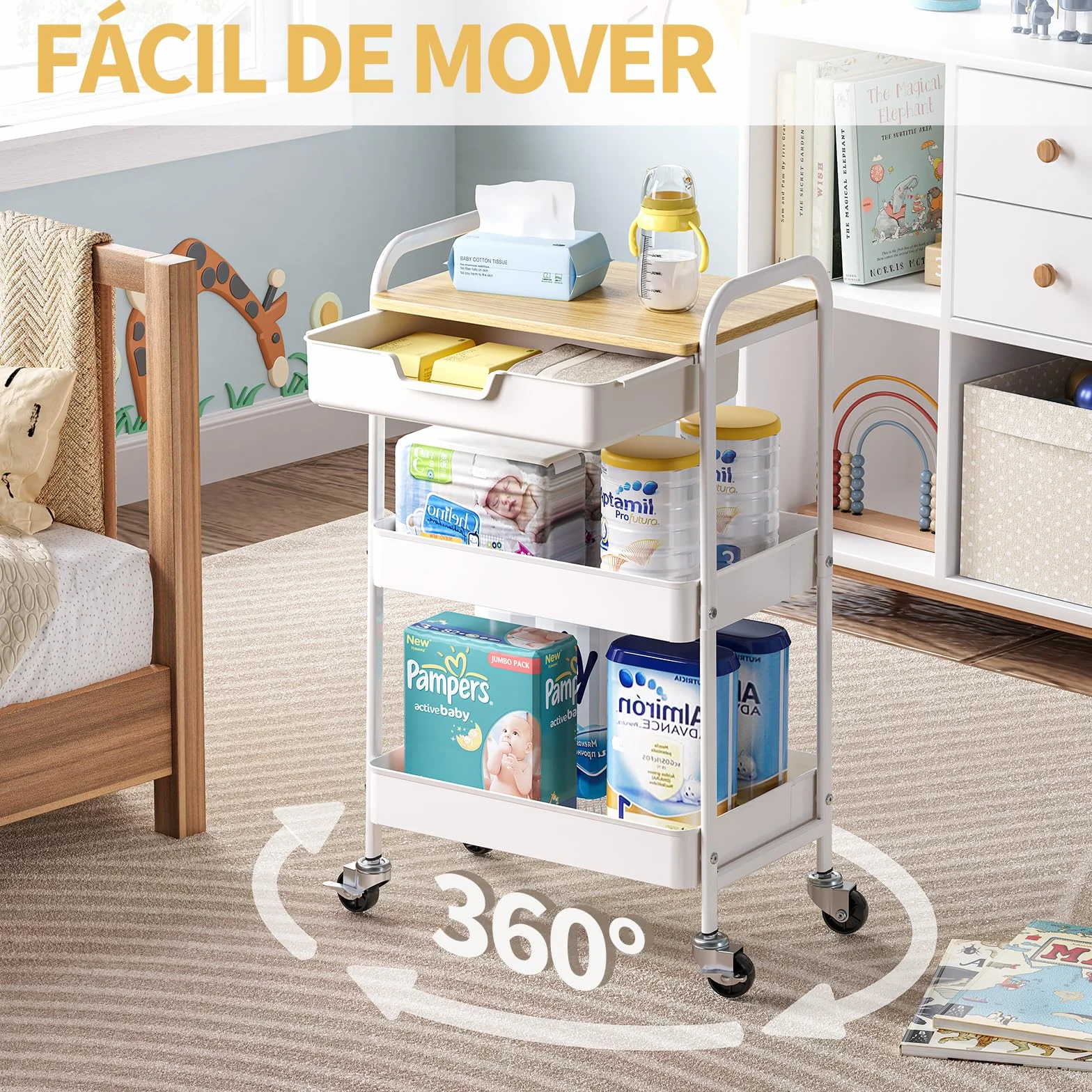 KINGRACK Carro Auxiliar de Cocina de 3 Niveles, Carrito verdulero con Asa, Ruedas, y cajones, para baño peluqueria, con Tapa de Madera, Blanco WKUK830549-1