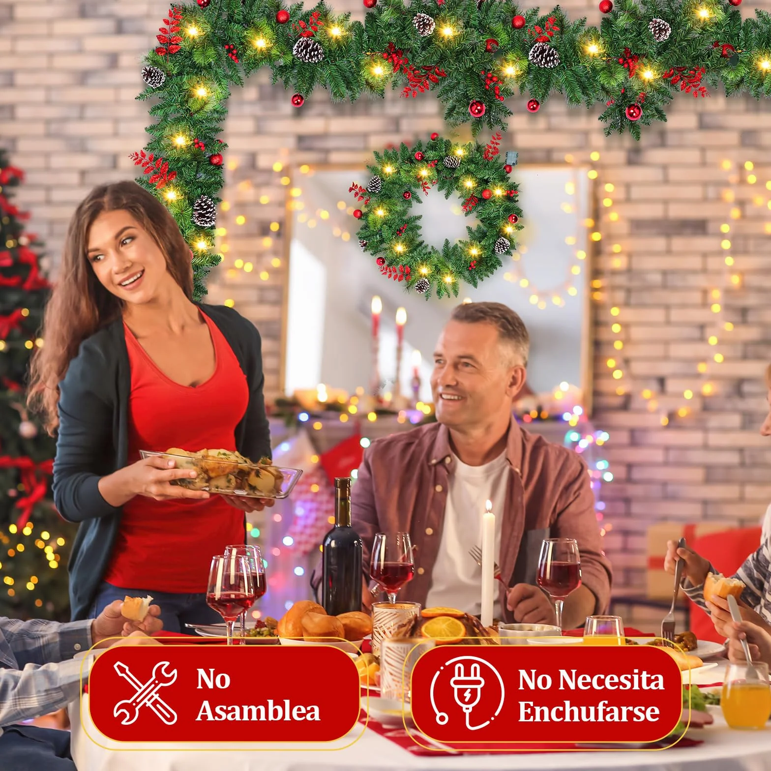 Guirnalda Navideña Artificial Premium 270cm, Guirnalda Navidad con Luces con Temporizador, Decoración Navidad Duradera para Chimeneas, Ventanas, Escaleras, Arco y Fiestas