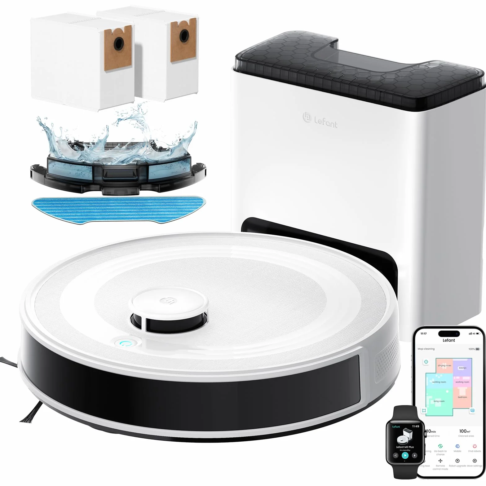 Lefant M2 Plus Robot Aspirador y Fregasuelos, 6000Pa Suction, 140min, Mapeo Inteligente con Base Autovaciado, Navegación LiDar dToF, Ideal para Limpiar Alfombras, Pisos Duros y Pelo Mascotas, Blanco