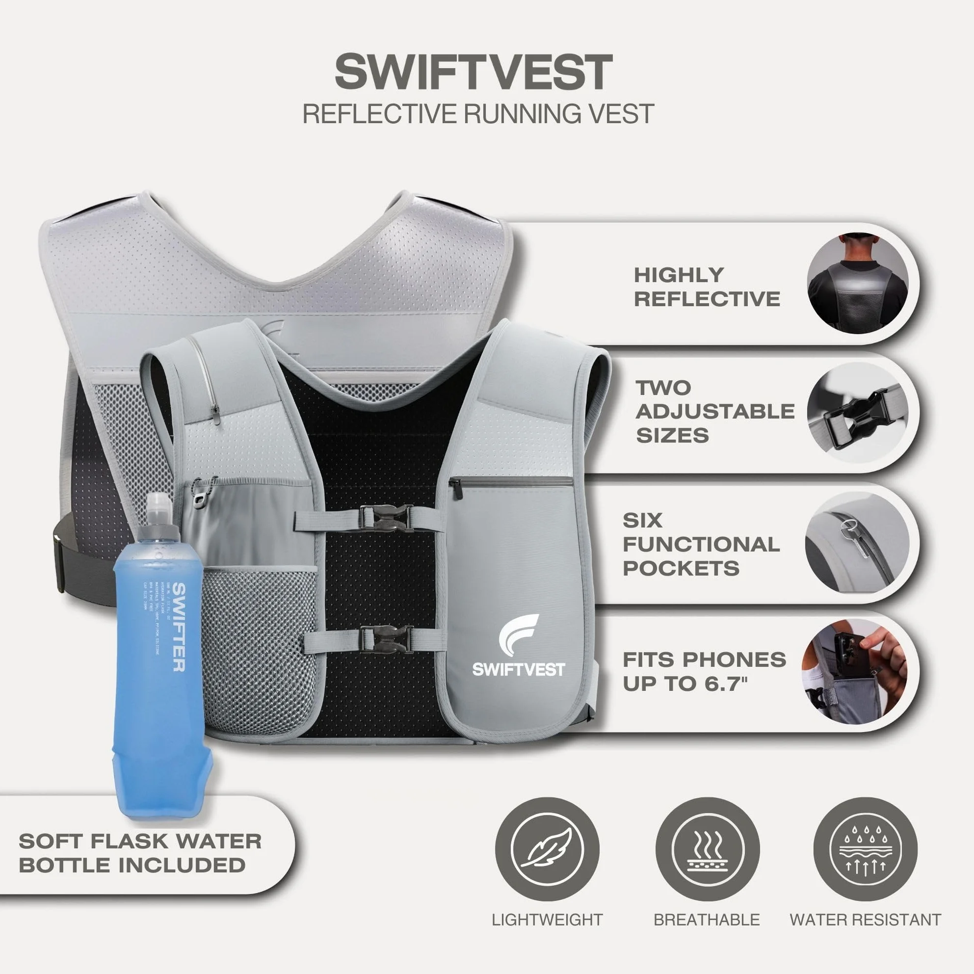 Running Vest Hydration Vest for Women Men, 500ml Soft Flask Water Bottle, Lightweight Reflective Phone Holder, Adjustable Unisex