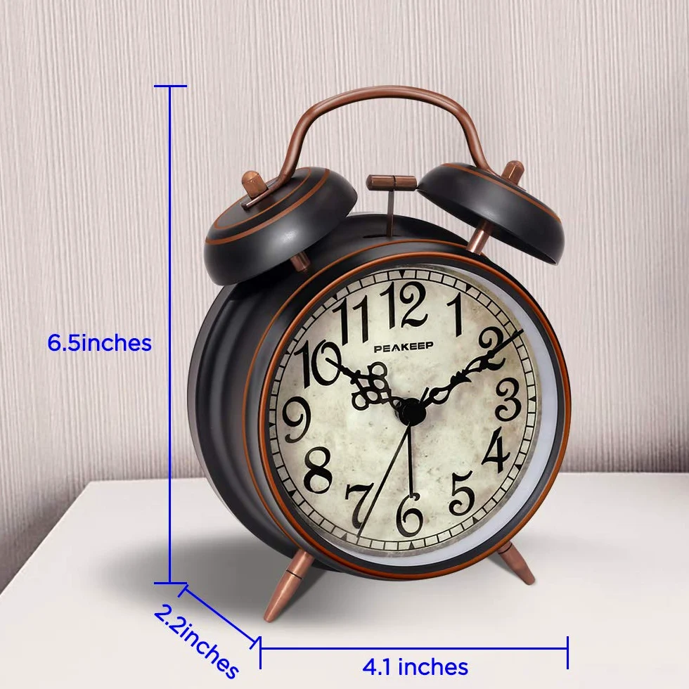 Peakeep Reloj despertador retro de 4.5 pulgadas, funciona con pilas, doble campana (negro con árabe)