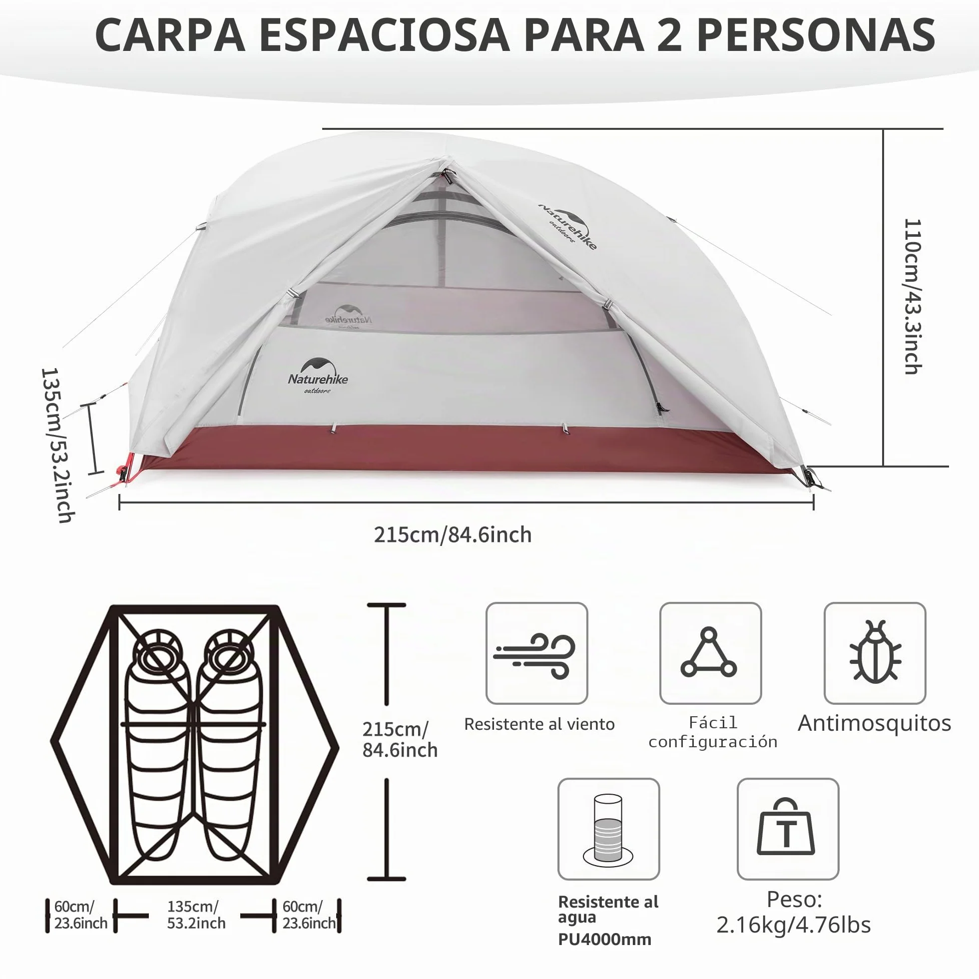 Naturehike Star-River Tienda de Campaña Ultraligera Doble Capa 2 Personas Impermeable Mochilero
