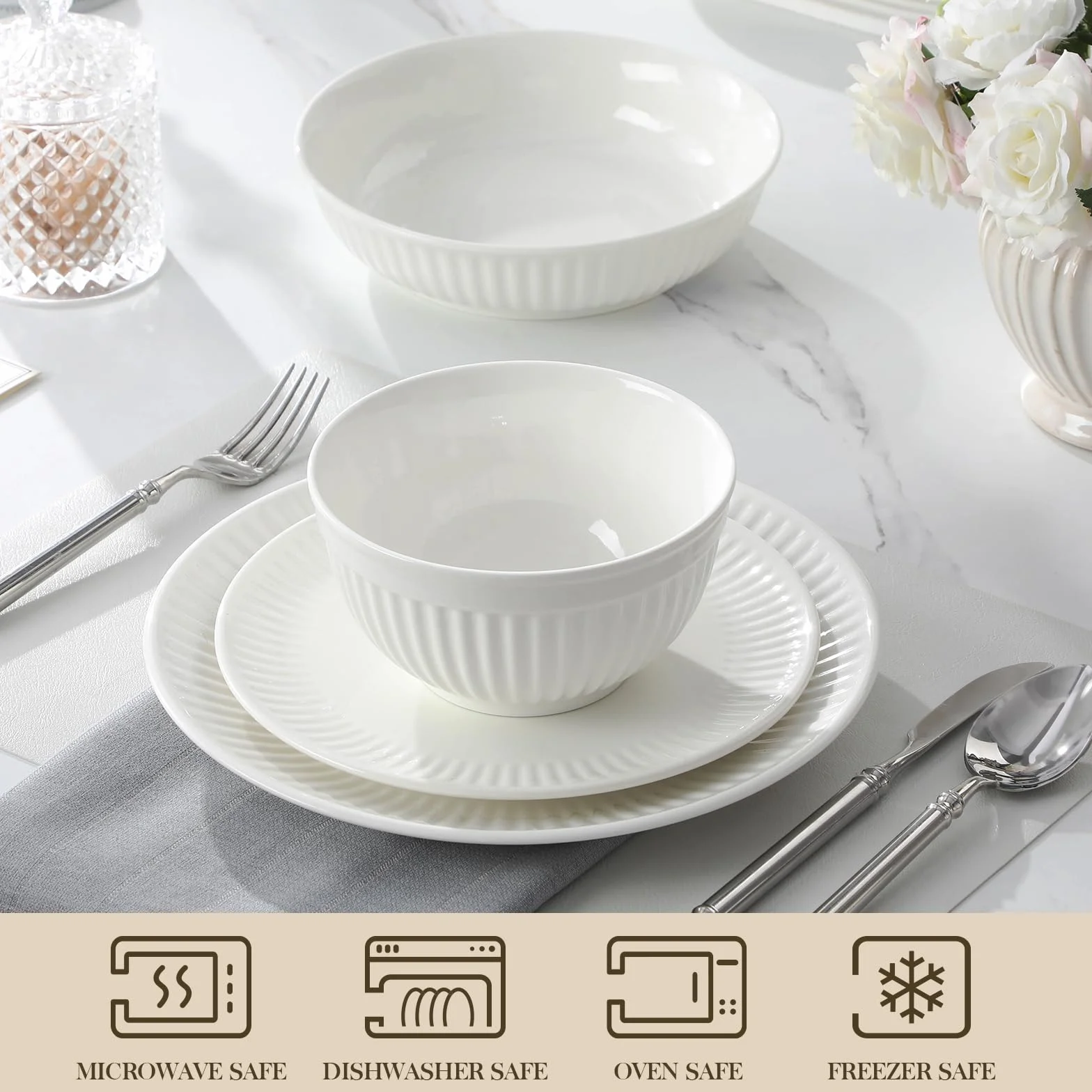 MALACASA Vajillas Completas 6 Personas de Porcelana, 24 Piezas Juego de Vajilla Modernas con Relieve Ondulado, Blanco - Serie LEILA