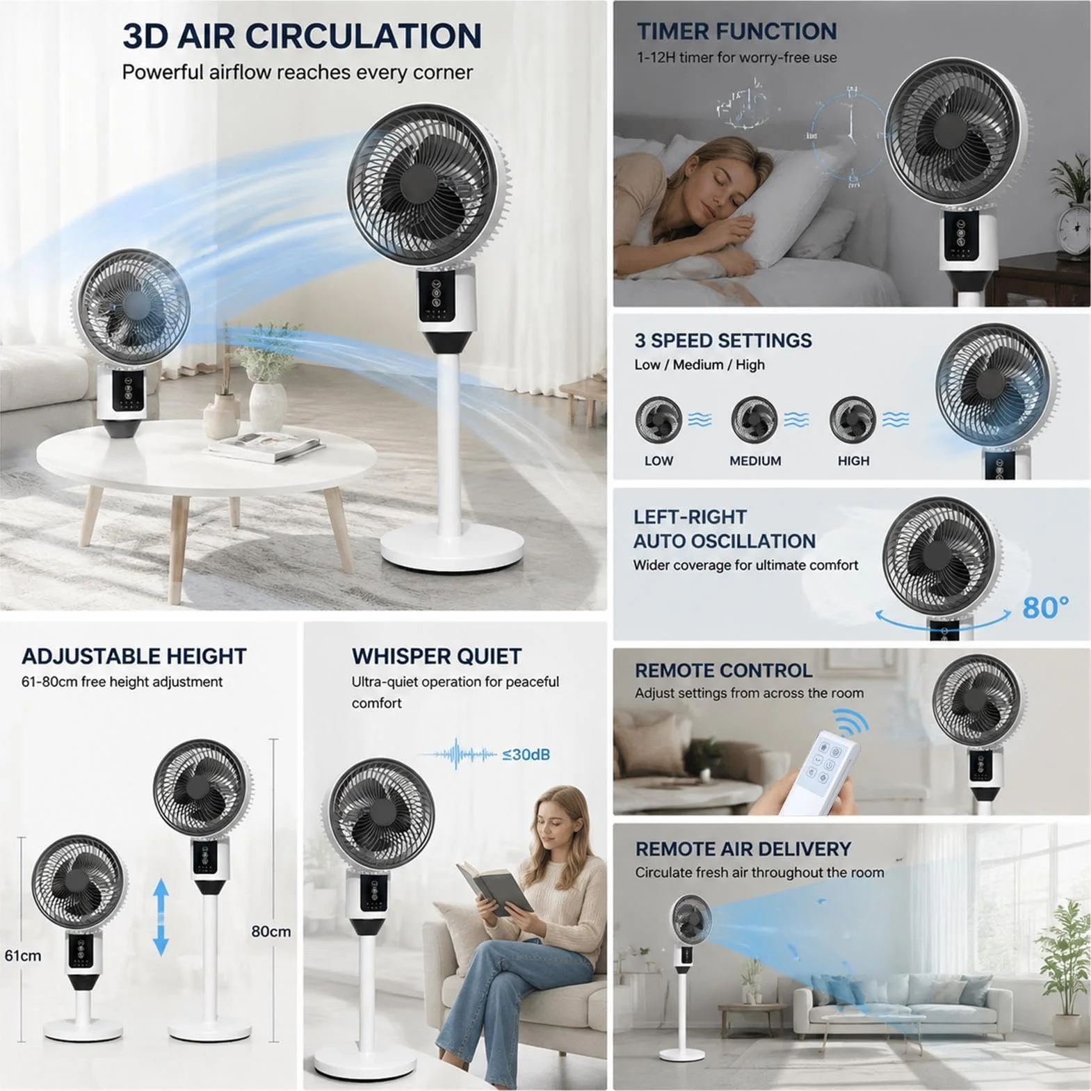 Ventilador Oscilante De Pie Mando a Distancia Temporizador 3 Velocidades | Ventilador De Escritorio Pie Y Suelo para hogar, dormitorio, salón, escuela, residencia