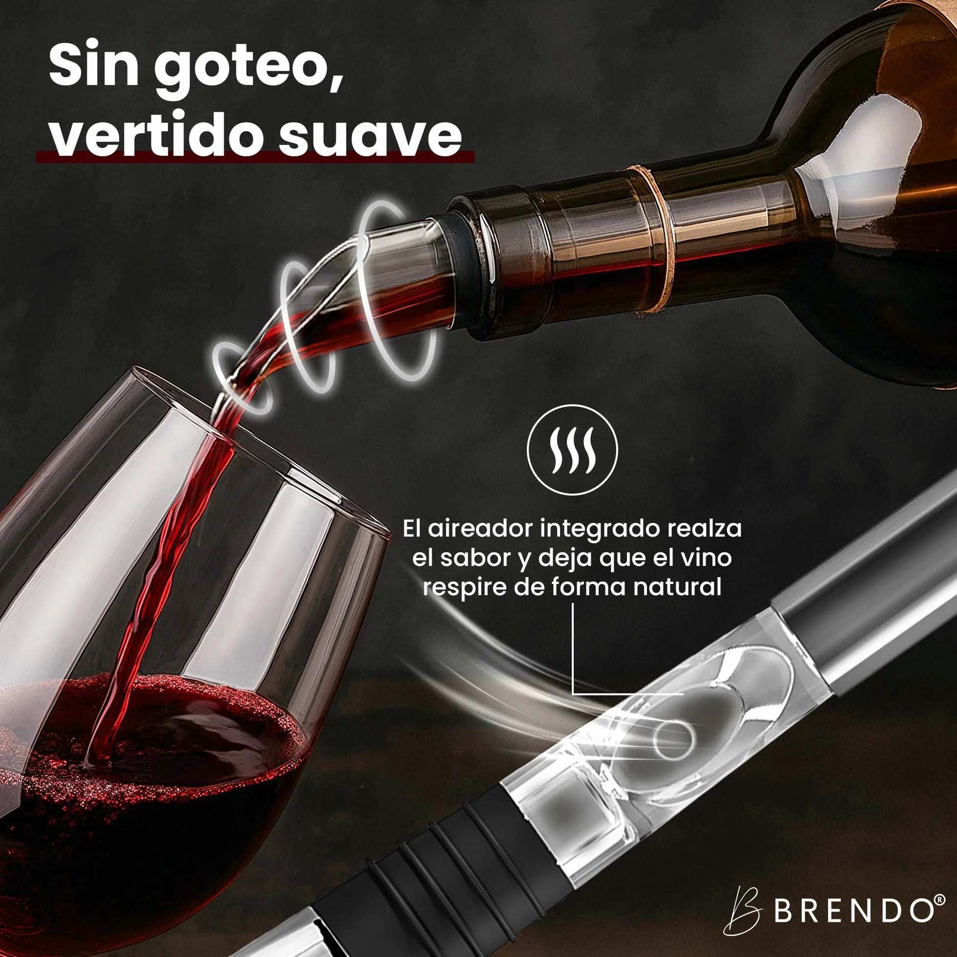 Brendo Enfriador de Botellas de Vino 4 en 1 – Varillas Enfriadoras de Acero Inoxidable en 2 Longitudes + Vertedor + Decantador + Tapón | Set de Regalo para Hombres y Mujeres | Accesorios para Vino