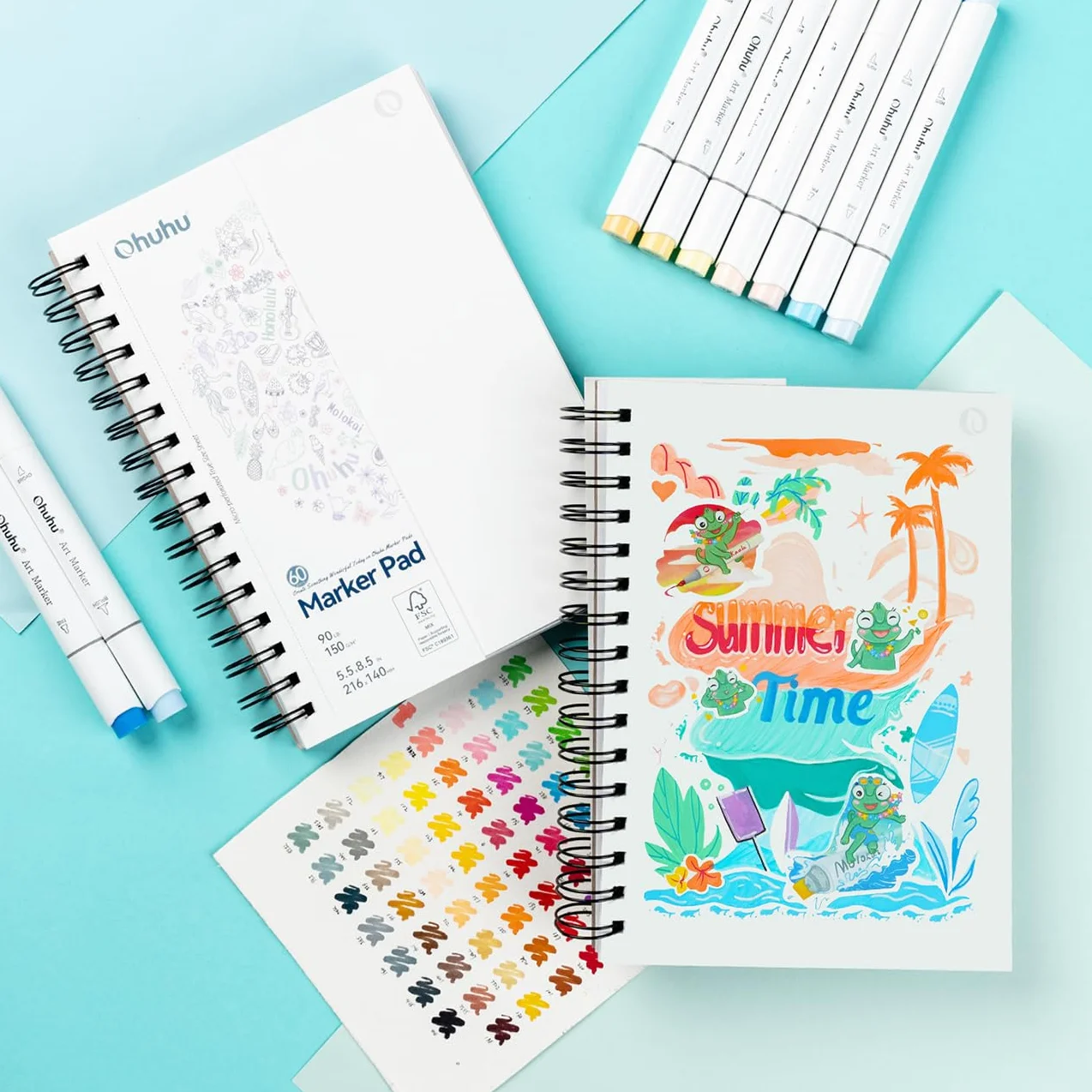 Ohuhu A5 Cuaderno de Dibujo Doble Cara Sin Traspaso - 60 Hojas/120 Páginas, Sketchbook Profesional 150g/m² para Marcadores de Alcohol, Encuadernación en Espiral