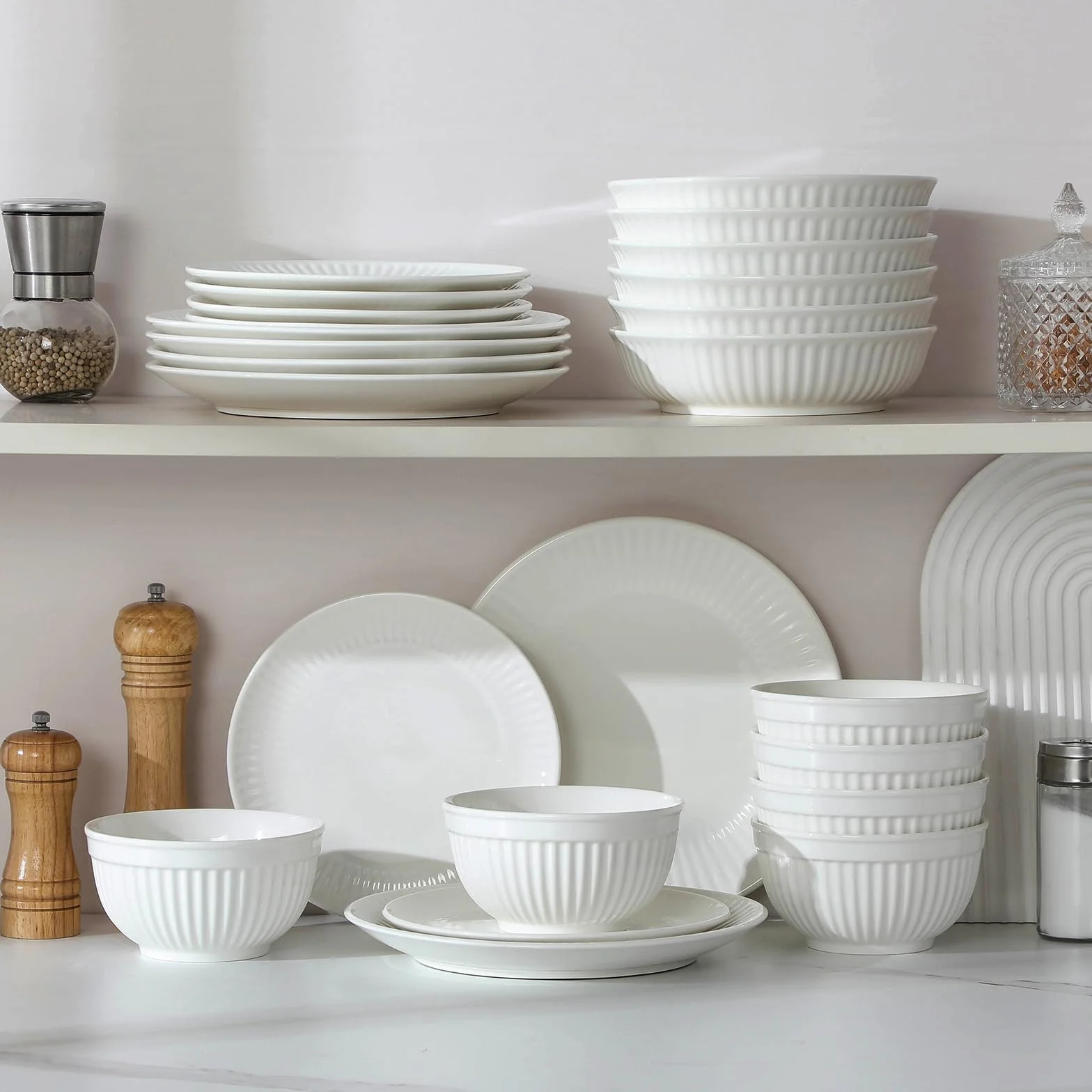 MALACASA Vajillas Completas 6 Personas de Porcelana, 24 Piezas Juego de Vajilla Modernas con Relieve Ondulado, Blanco - Serie LEILA