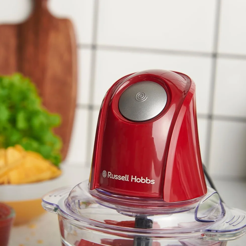 Russell Hobbs Picadora Eléctrica Mini Desire Red (Cuenco de vidrio de 500 ml, Cuchillas Inox de 2 puntas, 350 W Max, Botón One-Touch, Para frutas, verduras y carne) 27132-56