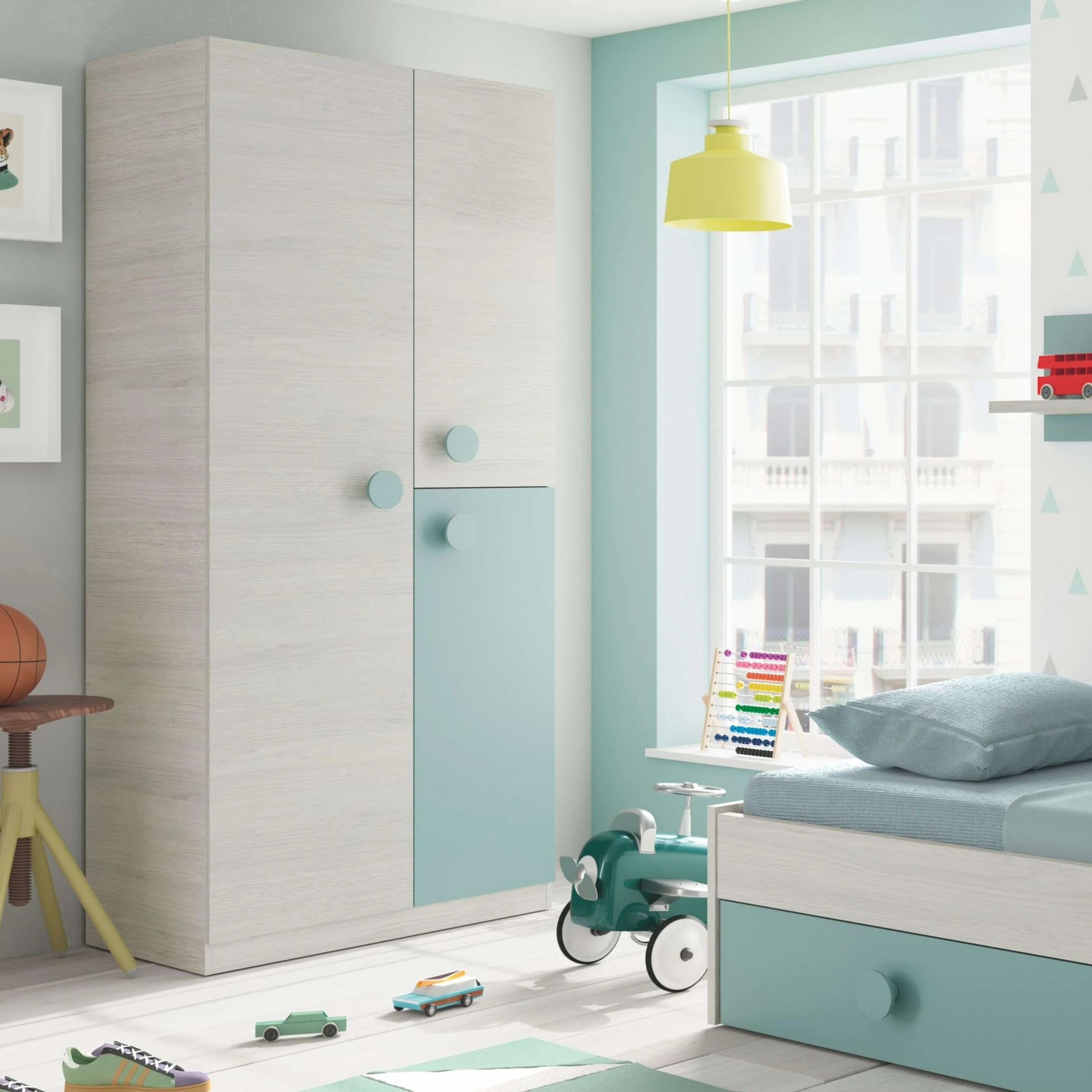 Habitdesign Armario Juvenil 3 Puertas, 200x90x52 (AltoxAnchoxFondo - en cm), Color Blanco Alpes y Verde Acqua