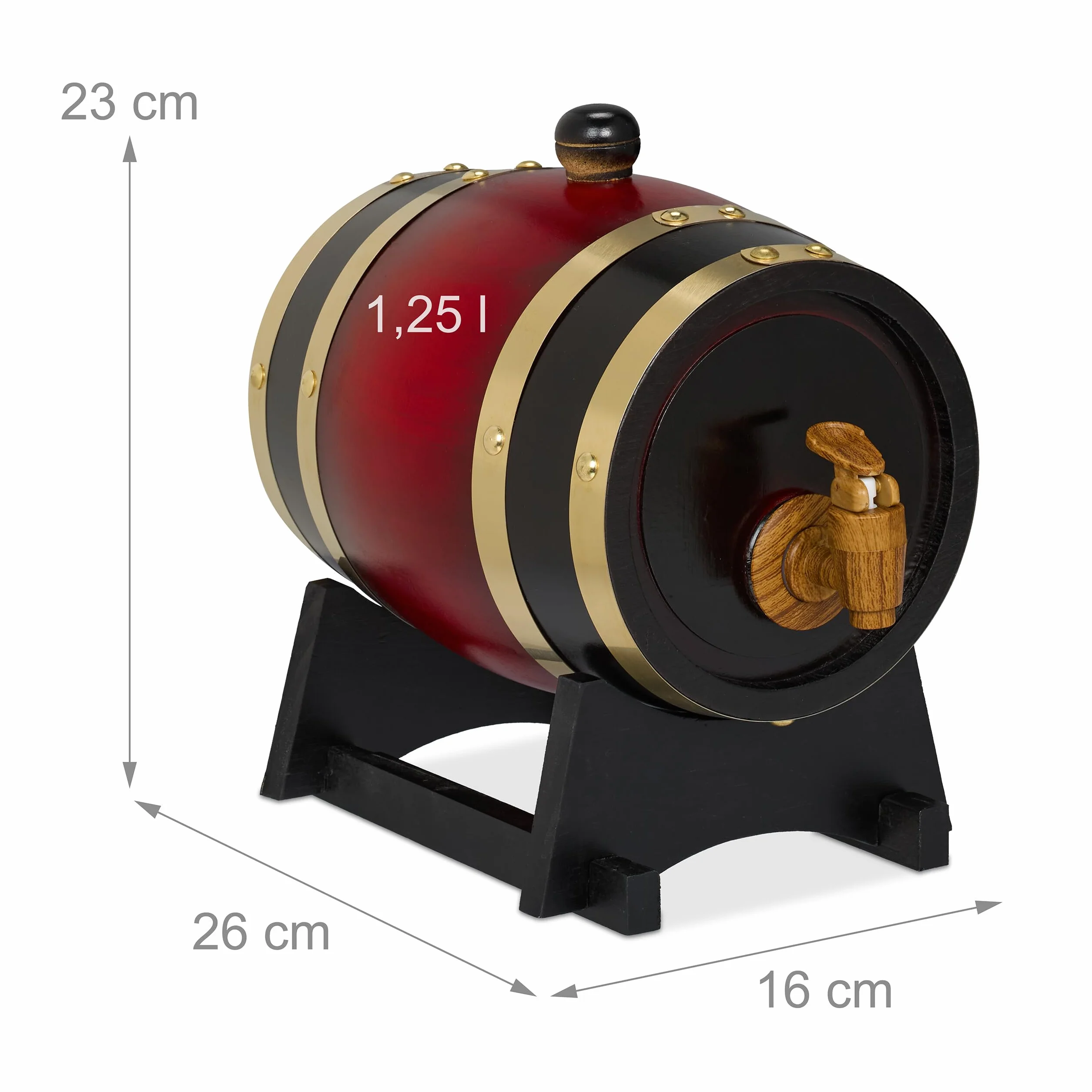 Relaxdays Barril de Madera, con Grifo y Base, Barrica 1,25 L, Dispensador de Whisky, Vino, Sidra, Licores, Rojo/Negro