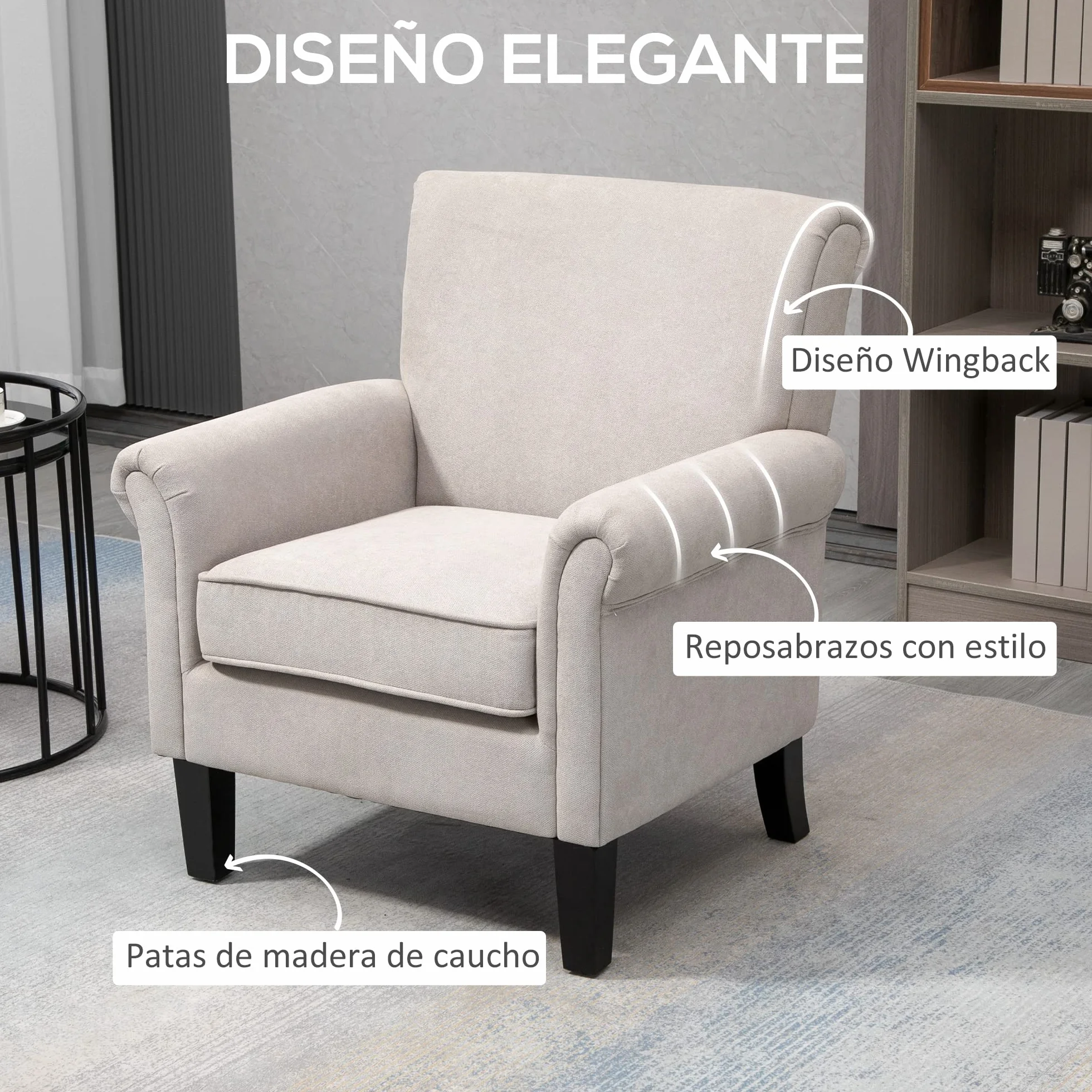 HOMCOM Butaca de Salón Tapizada en Tela, Sillón Relax con Reposabrazos, Asiento Extraíble y Lavable, Patas de Madera, para Dormitorio, Balcón, Estilo Moderno, Carga 150 kg, 79x72,5x88 cm, Gris