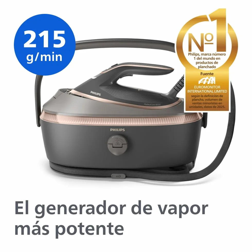 Philips PerfectCare Serie 8000 Centro de Planchado - 215g de Golpe de Vapor, Fácil de Transportar y Guardar, OptimalTEMP, SteamGlide Elite, 1,4L, Easy De-Calc, Sin Quemaduras Garantizado (PSG8200/80)