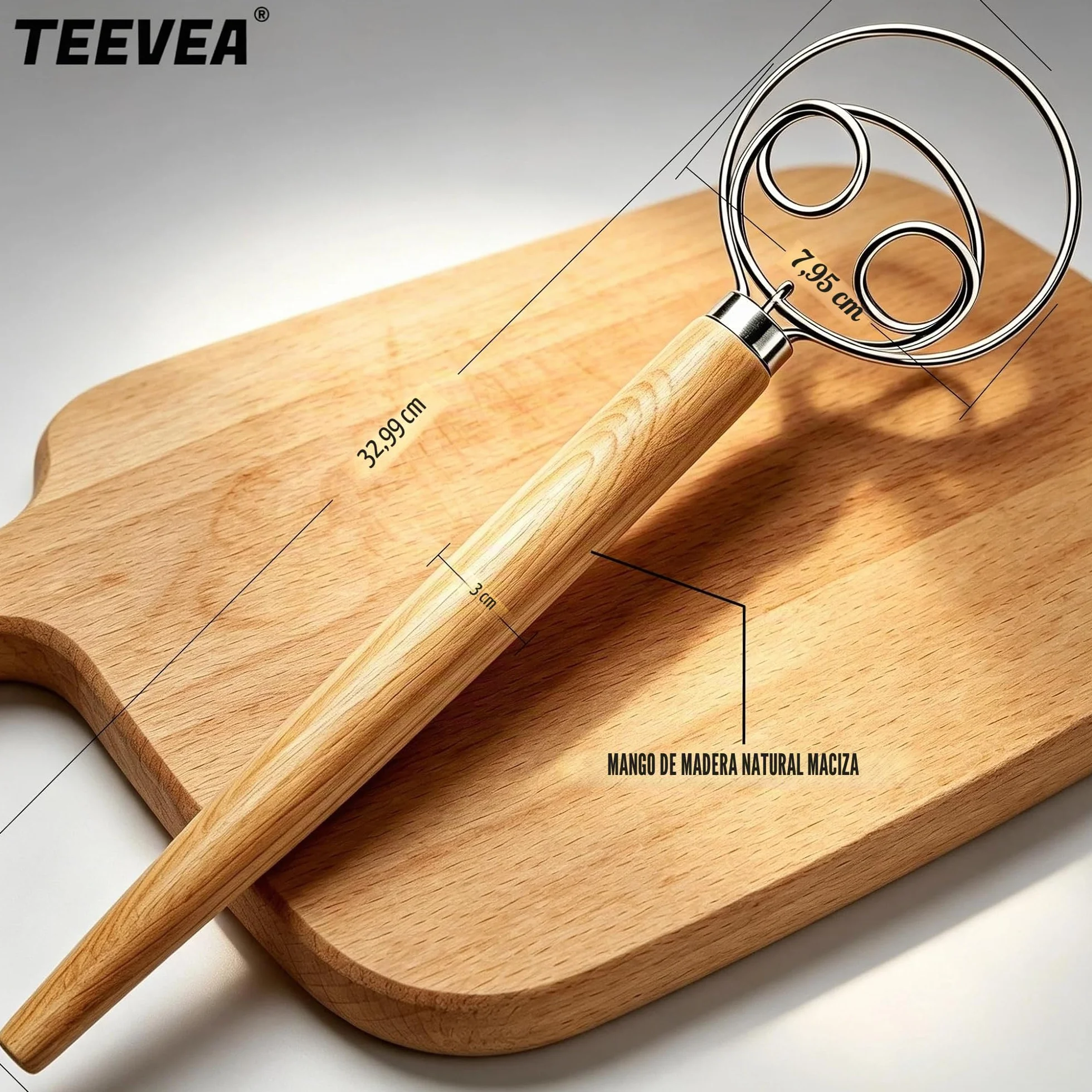 TEEVEA Batidor de masa danés de acero inoxidable estilo holandés para masa de pan con mango de madera, herramientas de cocina para hornear, herramientas y suministros para hacer pan