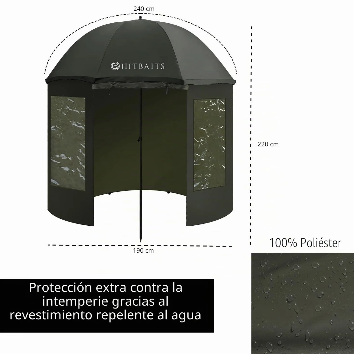 Paraguas de pesca impermeable 240 cm, Negro