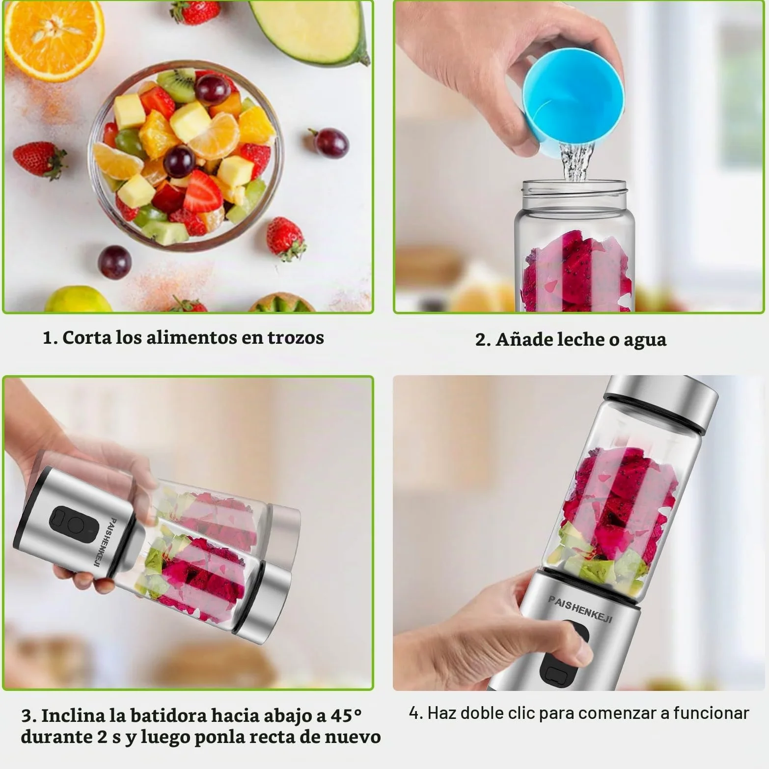 Batidora portátil de cristal para batidos y licuados: Batidora personal para triturar hielo y fruta congelada, mini exprimidor de 400 ml ideal para batidos, licuados y zumos, Smoothie Maker