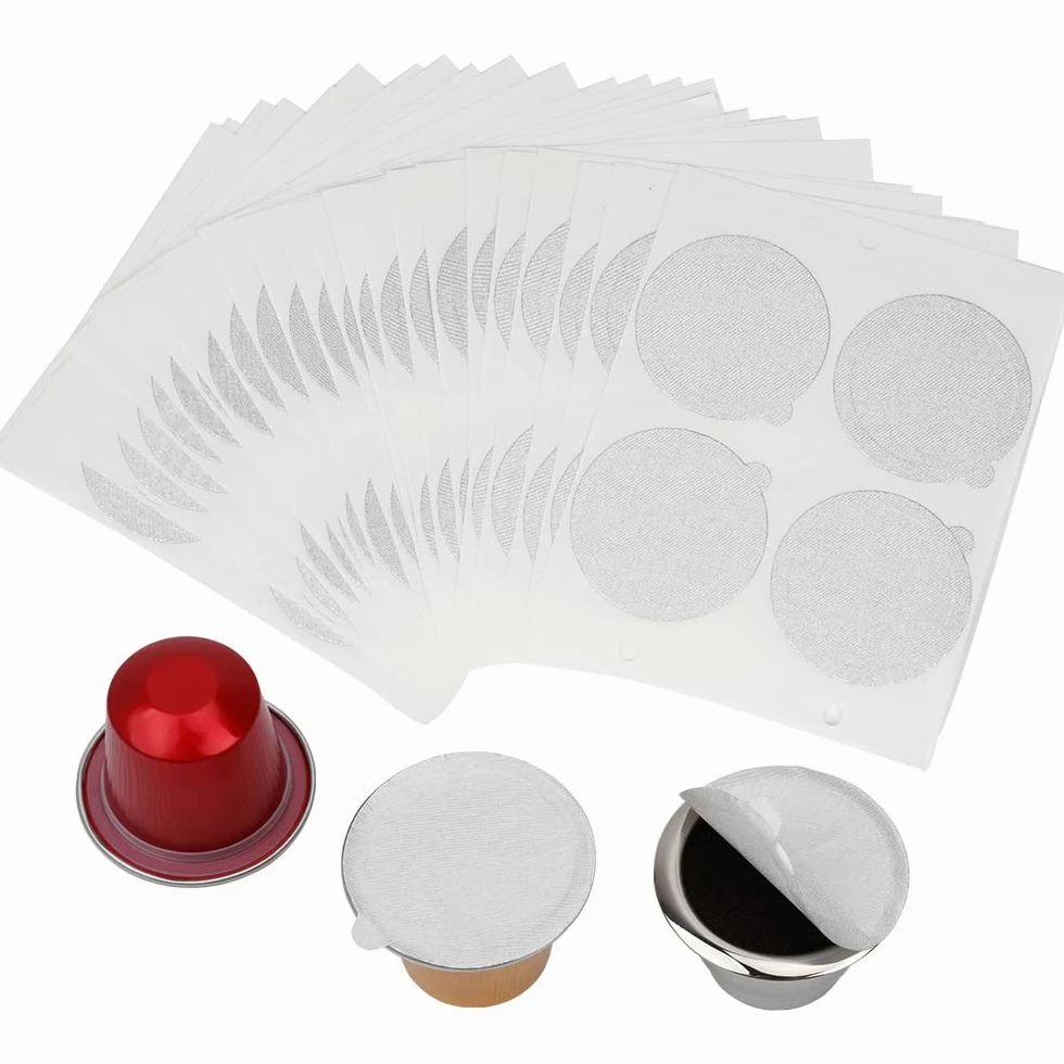 Tapas de aluminio para cápsulas de café reutilizables y rellenables, filtro de acero inoxidable, compatible con máquinas de línea original Nespresso (100 tapas (37 mm)