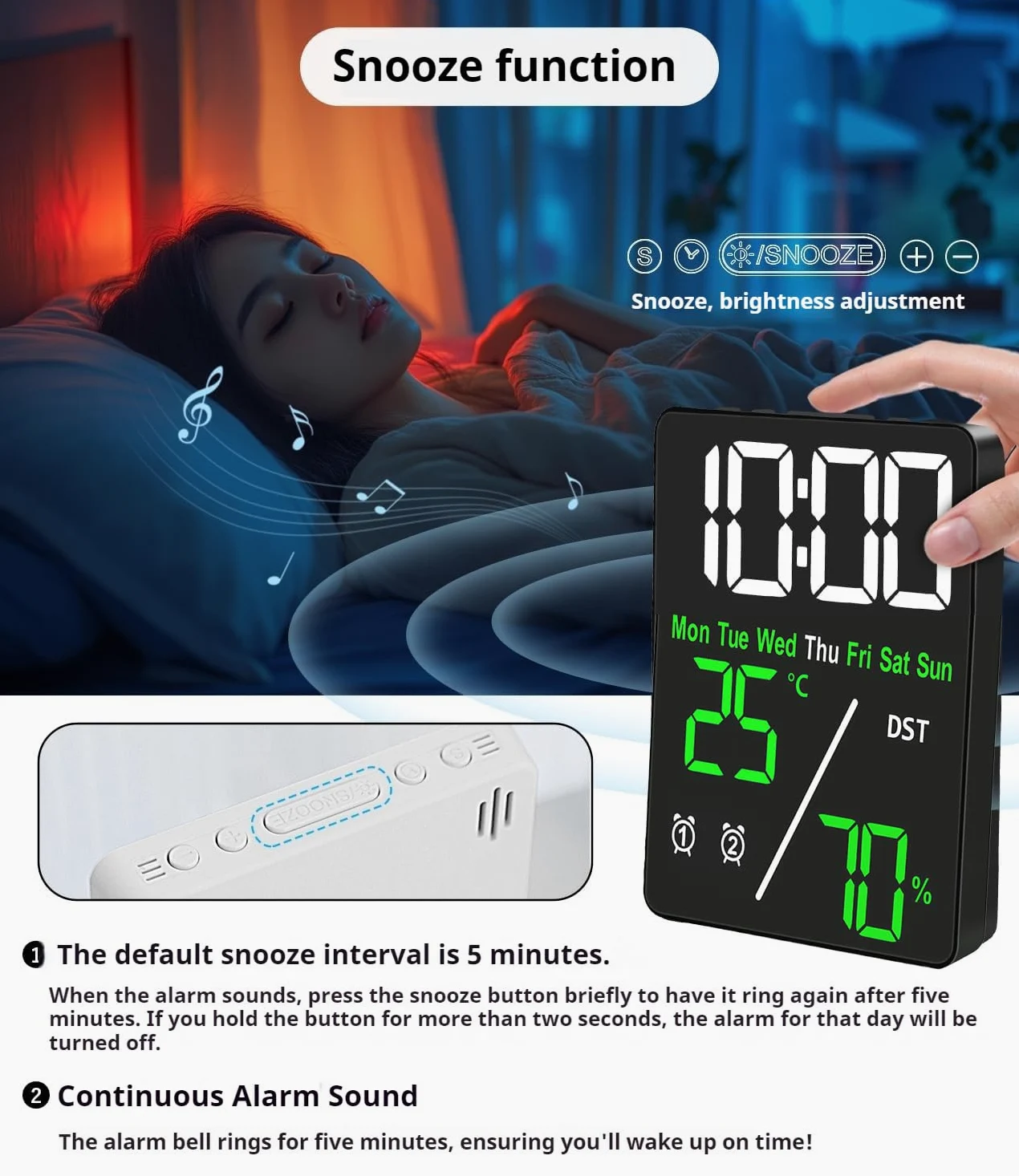 Reloj despertador digital LED con termohigrómetro, alarmas duales, repetición, visualización de fecha y año, interruptor de 12/24 horas, días de semana, DST, regulable automáticamente con 3 niveles de