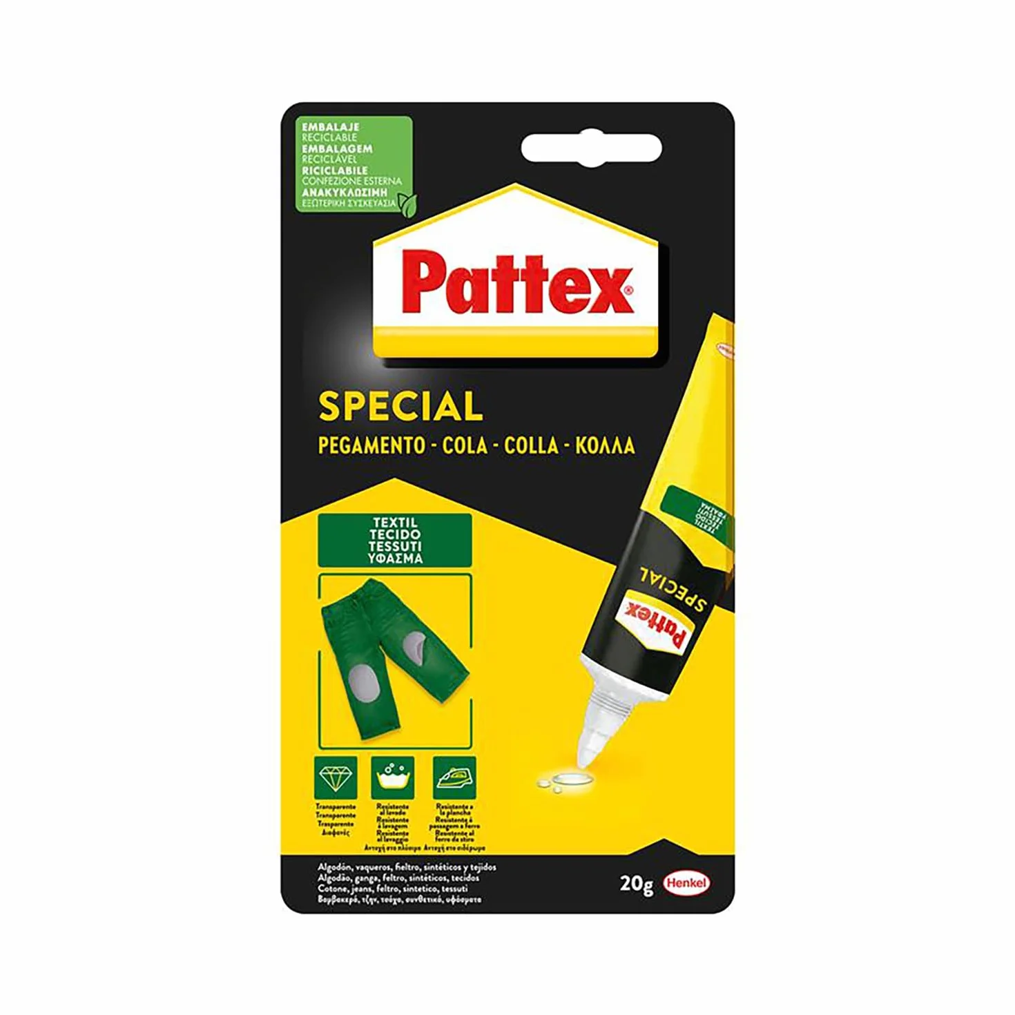 Pattex Special Pegamento Textil, pegamento fuerte resistente al lavado y al planchado, pegamento para tela y tejidos como el cuero o el tejano, secado rápido, transparente, 20 g.