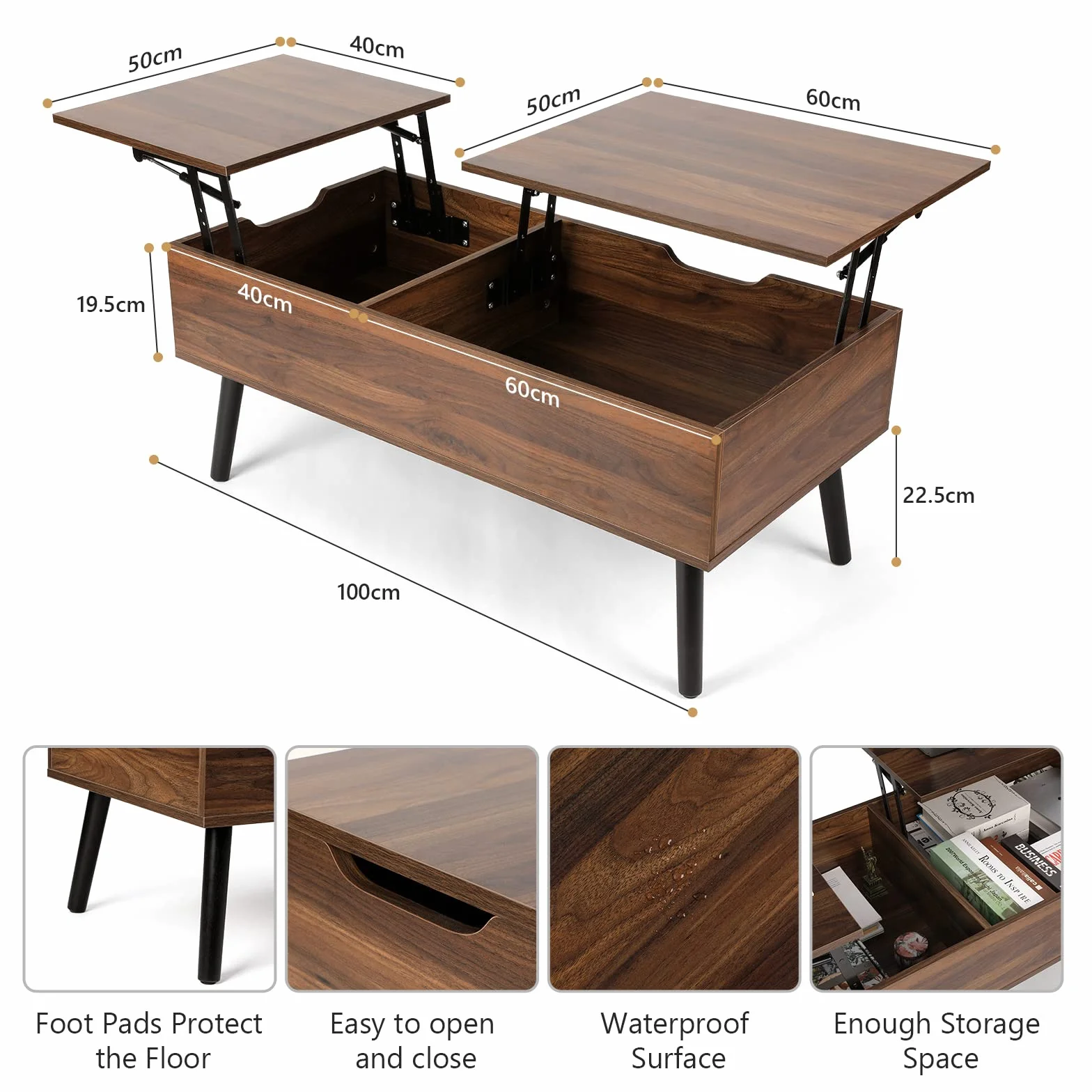 VOWNER Mesa de Centro, Mesa de Centro Regulable en Altura, Extraíble, Extensible, Compartimento de Almacenaje Oculto Independiente, Tablero Elevable Doble, Mesa de Sofá de Salón, Nogal Color