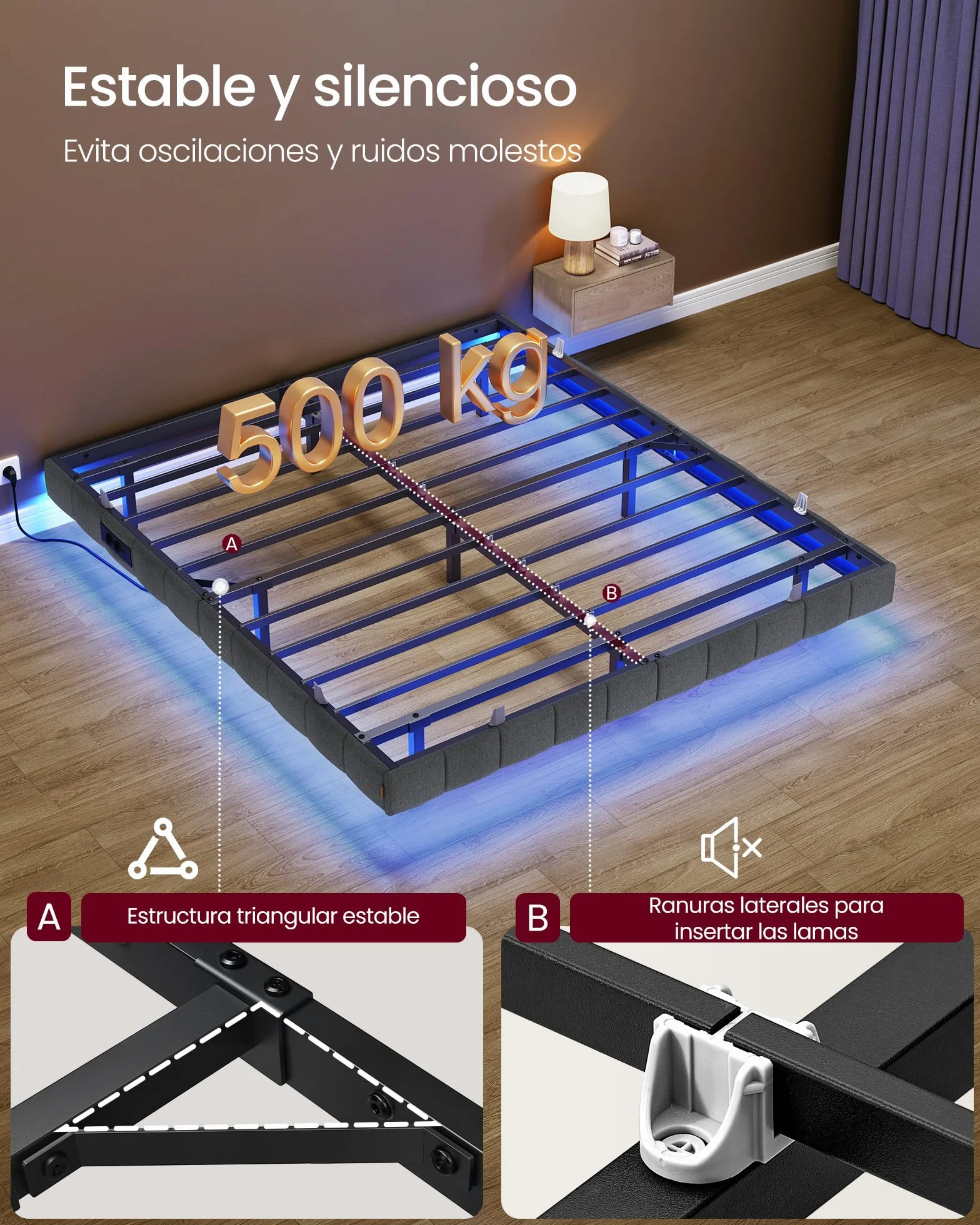 VASAGLE Marco de Cama Flotante, 160 x 200 cm, Bordes Acolchados, LED, 2 Tomas de Corriente, 1 Puerto USB-A, 1 Puerto USB-C, 1 Puerto USB-A Posterior, Carga de 500 kg, Gris Pizarra RMB165G101