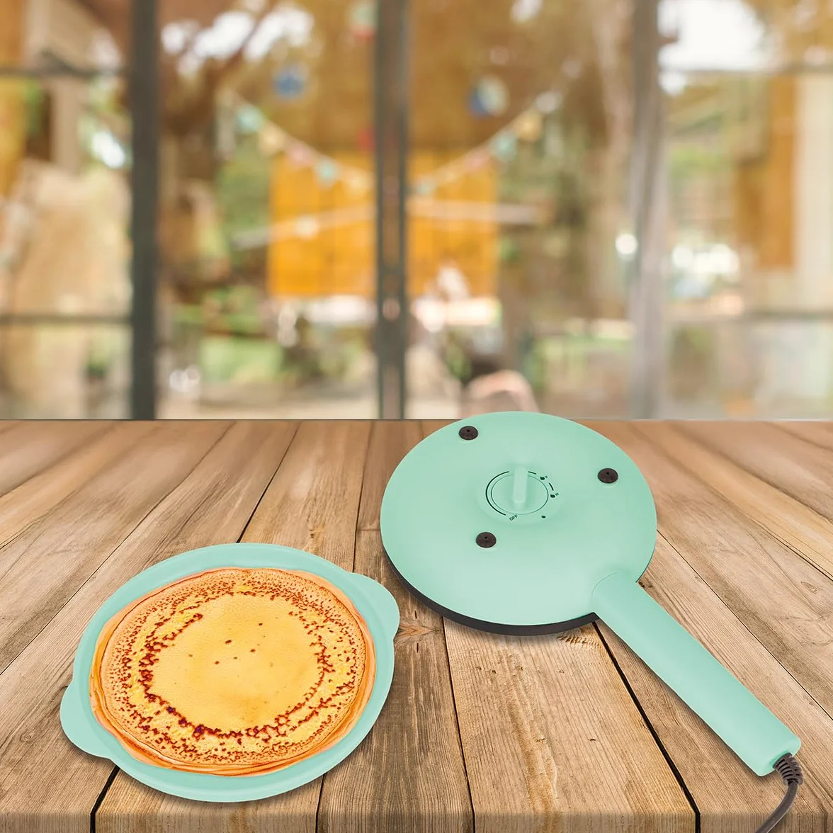 Jocca - Crepera eléctrica 21 cm | 3 niveles de temperatura | Placa antiadherente | Diseño compacto color turquesa | Mango frío | Sistema 2 en 1 tapa/plato | 600 W | Línea Sweet