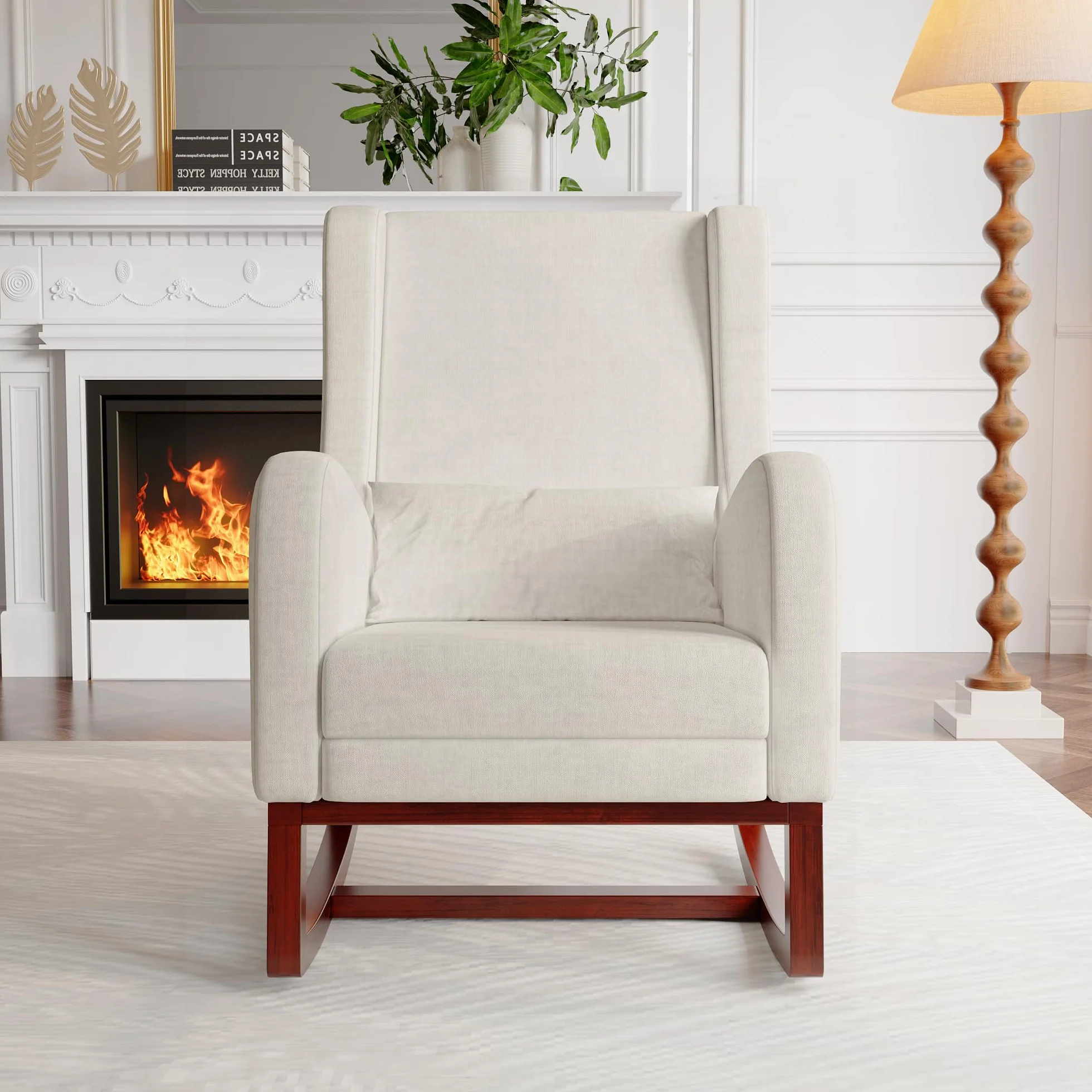 Mecedora de lactancia Lin Beige con reposapiés y reposabrazos, madera maciza, 67x64x99 cm