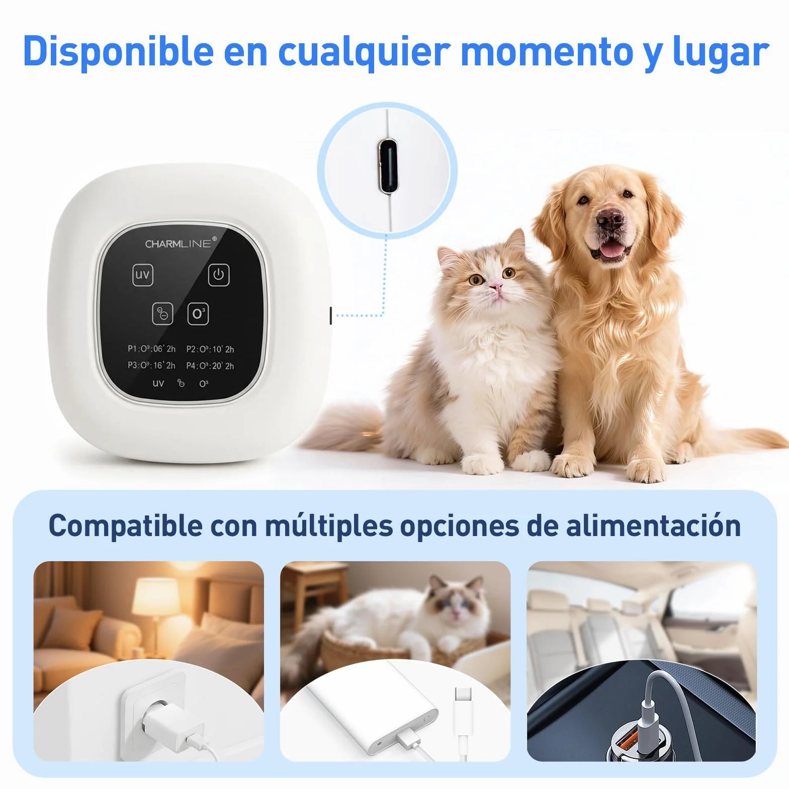 Purificador de aire portátil 3 en 1 con aromaterapia, elimina rápidamente los olores de mascotas y humo, devuelve el aire fresco a los espacios pequeños y es compatible con enchufe o batería externa