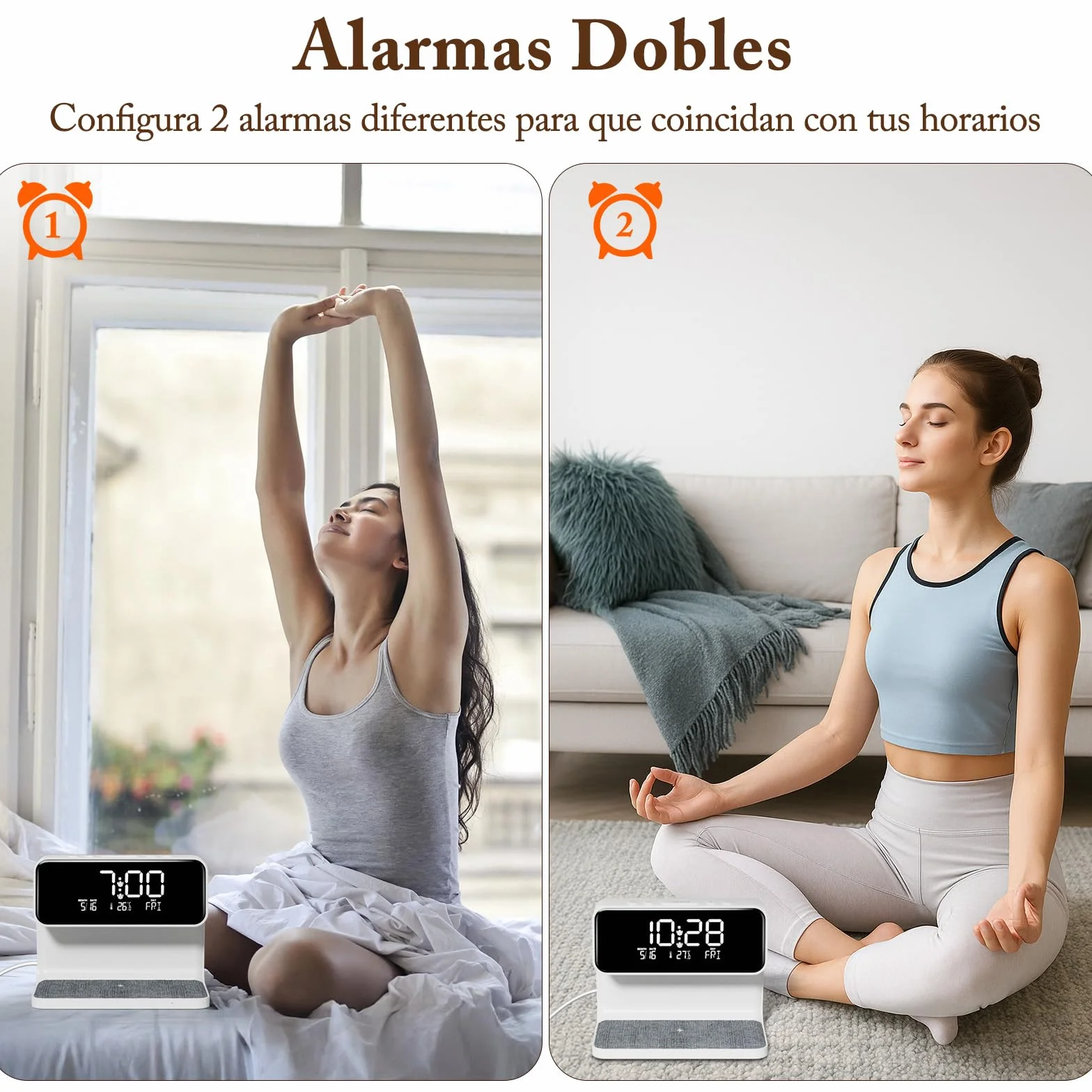 Despertador Digital, Reloj Despertador con Cargador Inalámbrico 15W, LED Pantalla Temperatura/Fecha/2 Alarmas/Snooze Ajustable/12/24H, Despertador Luz con Control Táctil para Infantil Adultos