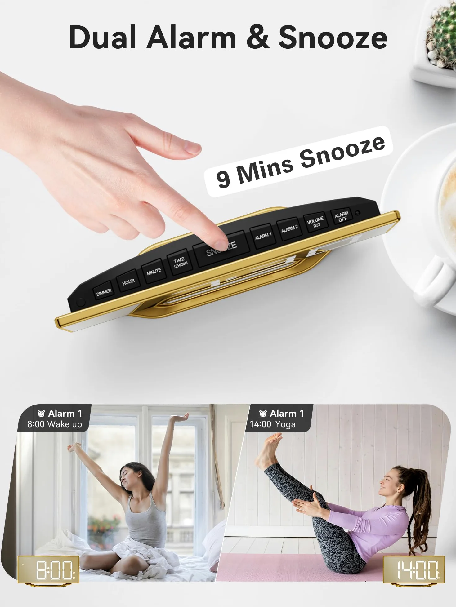 Reloj despertador para dormitorio, moderno reloj digital para sala de estar, reloj despertador LED de 8.7 pulgadas con 2 cargadores USB, repetición, 12/24 horas, 7 reguladores ajustables y volumen