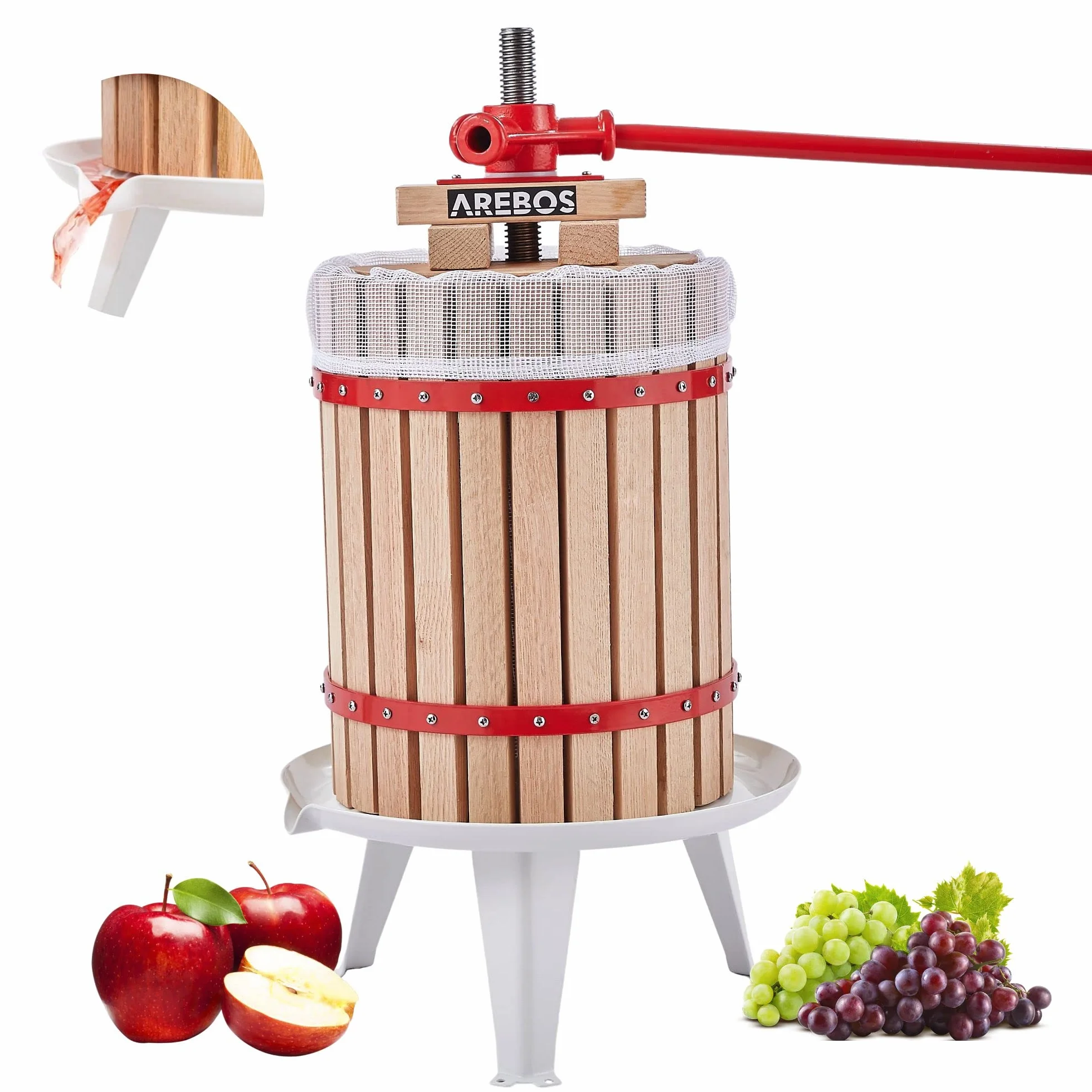Arebos Prensa de Frutas 18L | Exprimidor Manual I Prensa de Bayas Incl. Tela de prensar, Placa de presión y husillo metálico I para Todo Tipo de zumos y Verduras