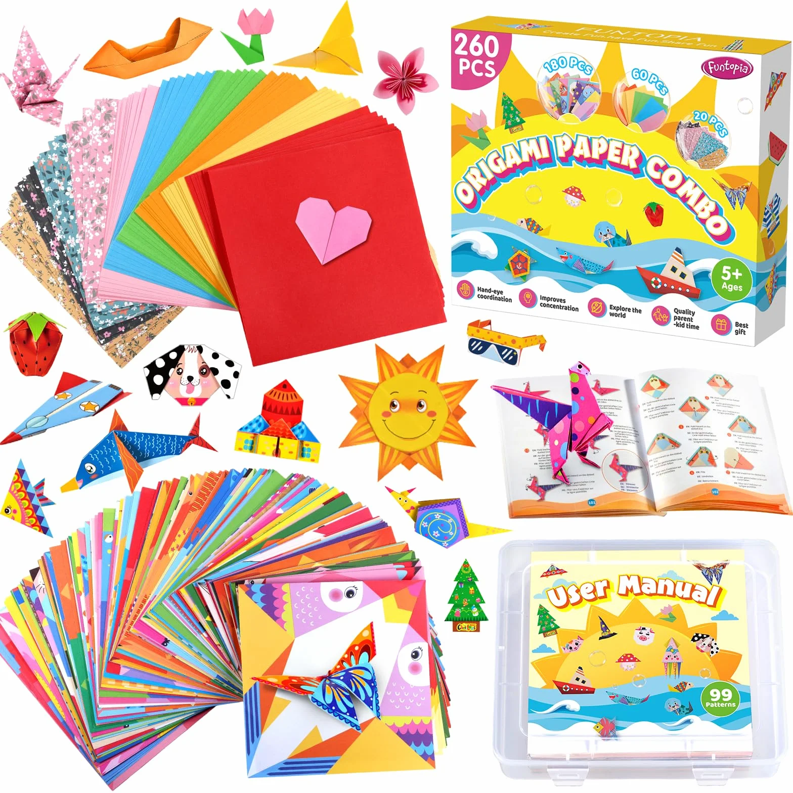 260 hojas de papel de origami, juego de origami para niños de 6 a 12 años con 99 patrones y libro de guía, kits de manualidades de papel plegable, suministros para niños y niñas, juguetes, avión de
