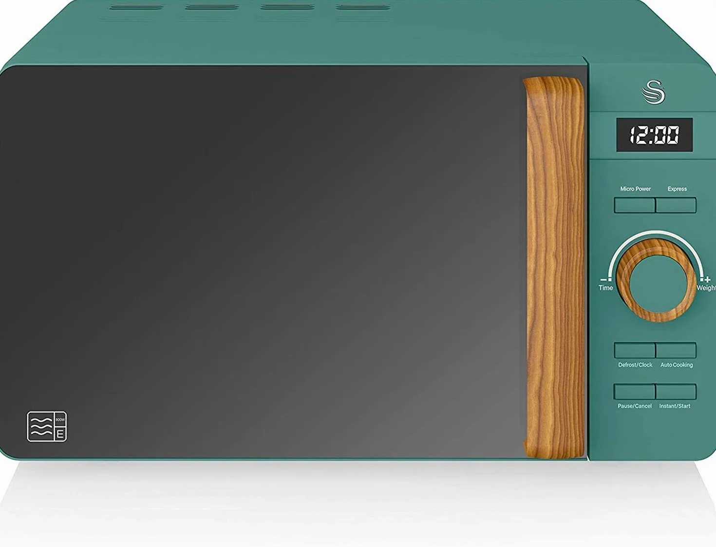 Swan Nordic Microondas digital 20L, 6 Niveles Funcionamiento, 800W Potencia, Temporizador 30 min, Fácil Limpieza, Modo Descongelar, Diseño Moderno, Tirador Efecto Madera, Verde Mate