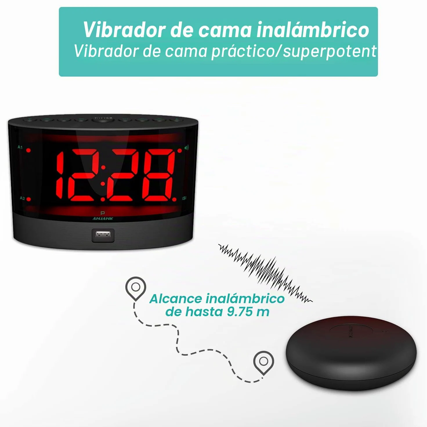 ANJANK Despertador Muy Fuerte con Vibración Inalámbrica, Doble Alarma para Dormilones Pesados, Sordos y con Problemas de Audición, Volumen Ajustable/Dimmer/Despertar Modo, Puerto de Carga USB