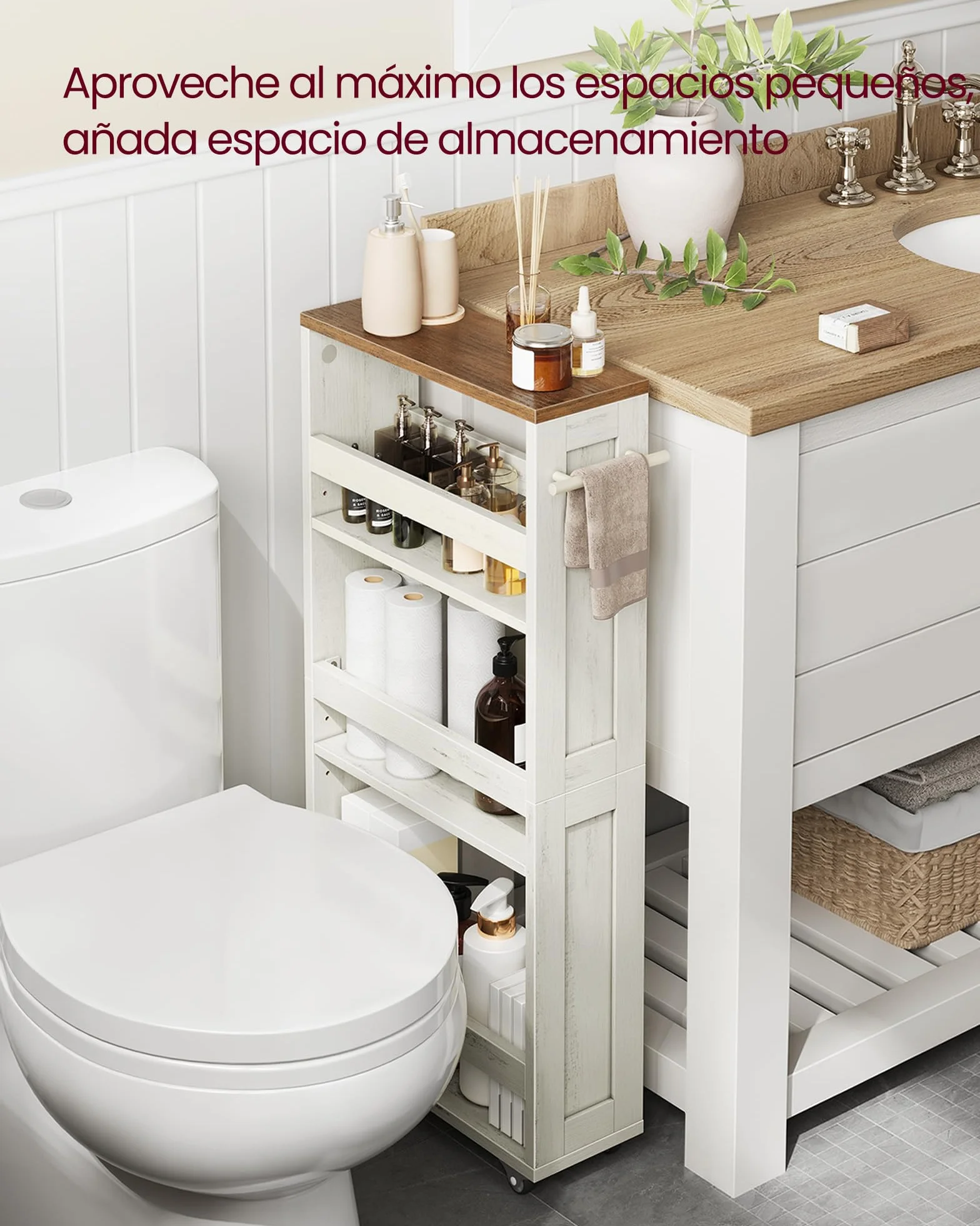 VASAGLE Carrito de Almacenaje Delgado de 4 Niveles, Estante de Cocina con Ruedas, con Asa, Espacio Pequeño, 15 x 43,2 x 86,5 cm, Baño, Lavandería, Blanco Rústico y Marrón Miel LRC050K01